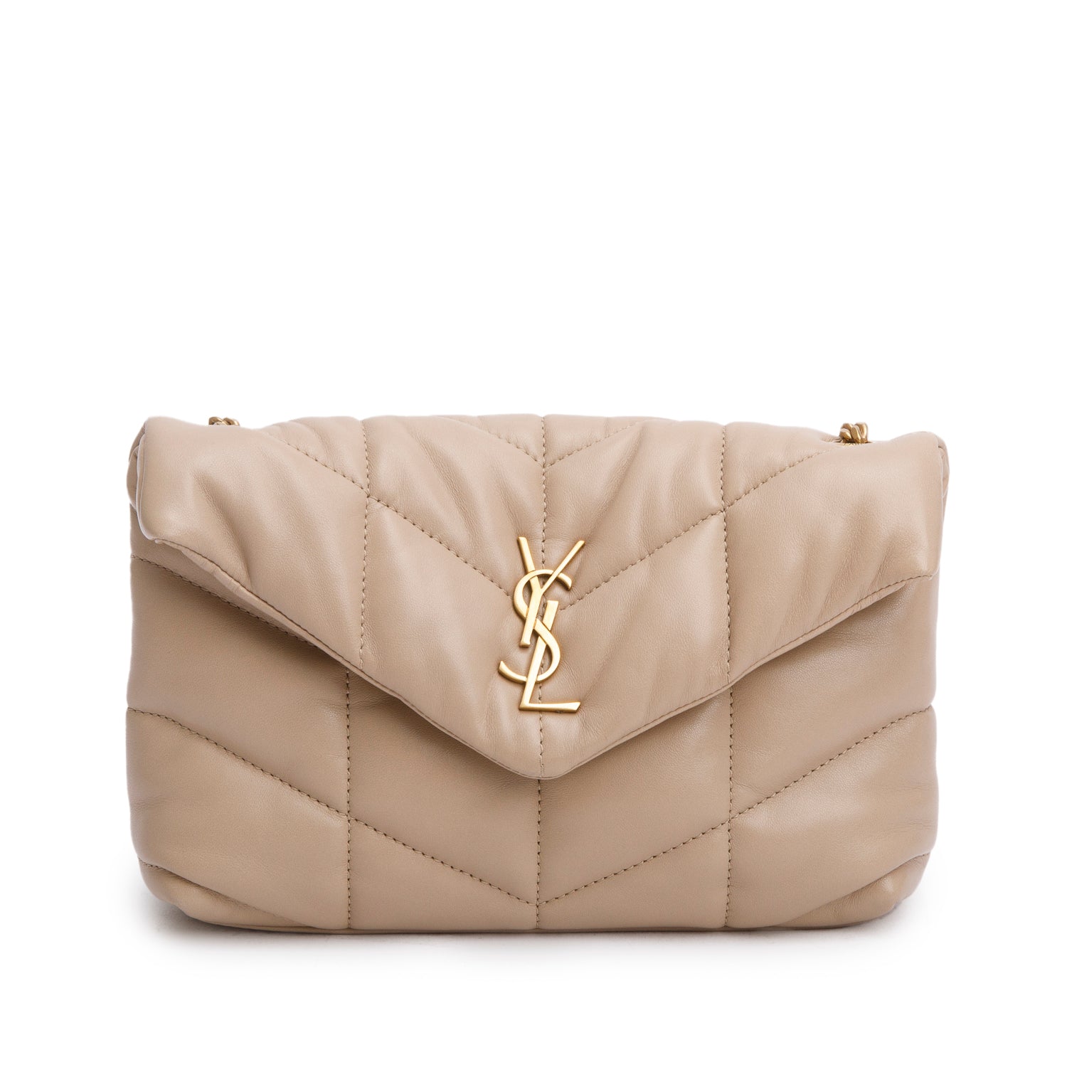 Saint Laurent 2020 Dark Beige Lambskin Quilted Toy Loulou Monogram Chain Satchel w/ Box