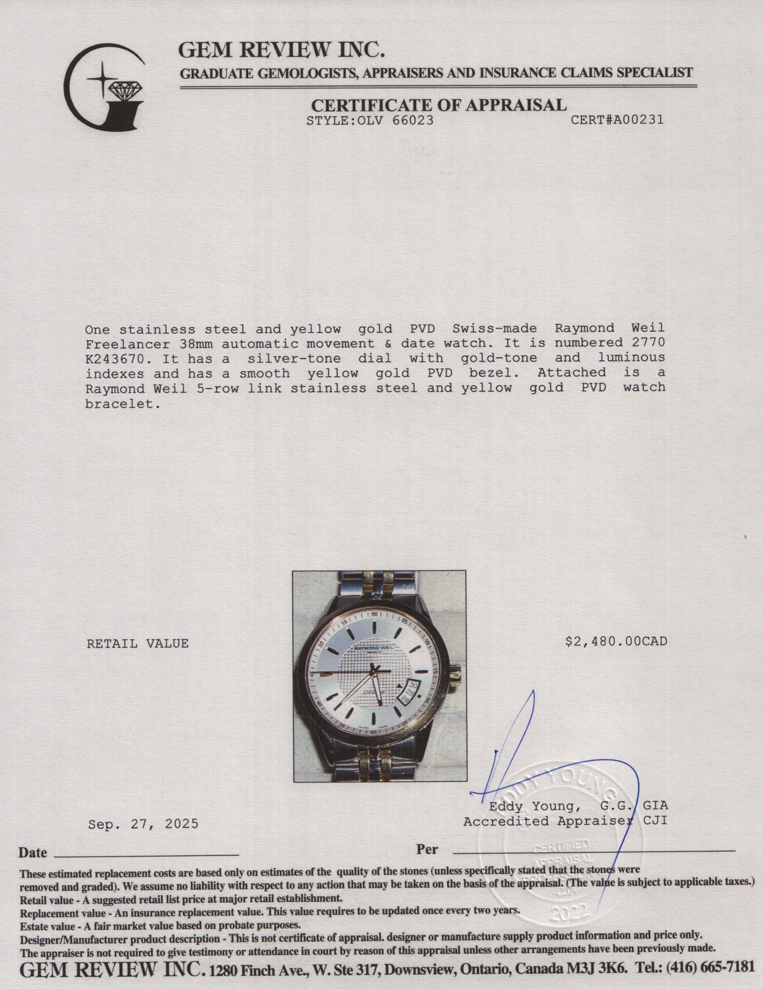 Raymond Weil Yellow Gold PVD & Stainless Steel Freelancer 38 MM Automatic Watch Silver Dial 2770