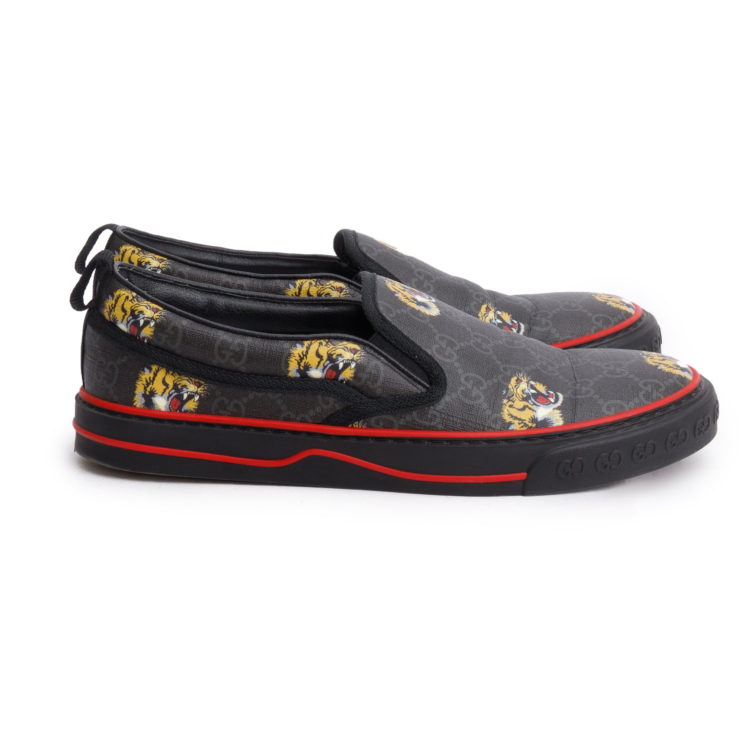 Gucci Black Tigers GG Supreme Canvas Tennis 1977 Slip On Sneakers, Men's Size 7