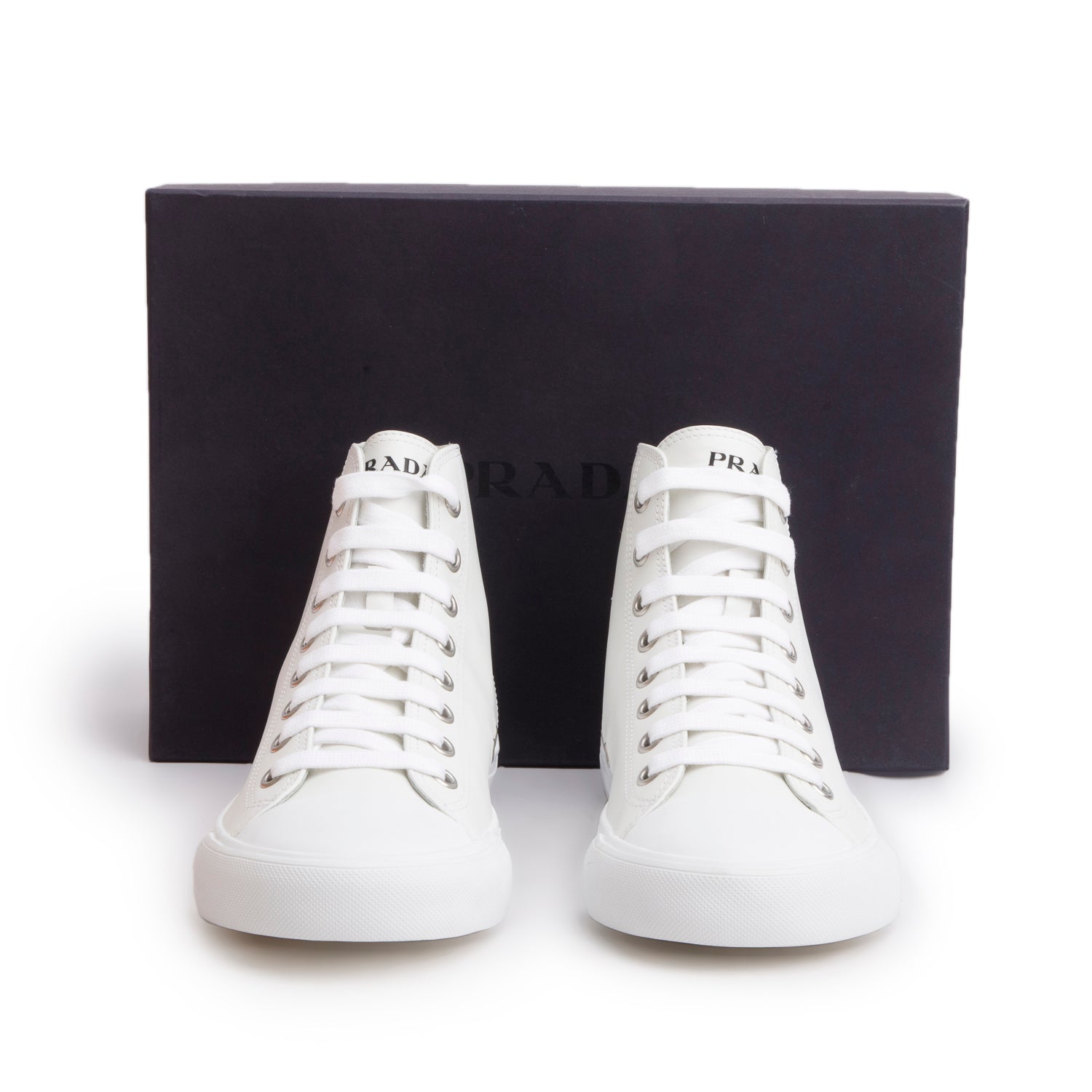 Prada White Vitello Plume Logo High Top Sneakers, Men's Size 9 w/ Box