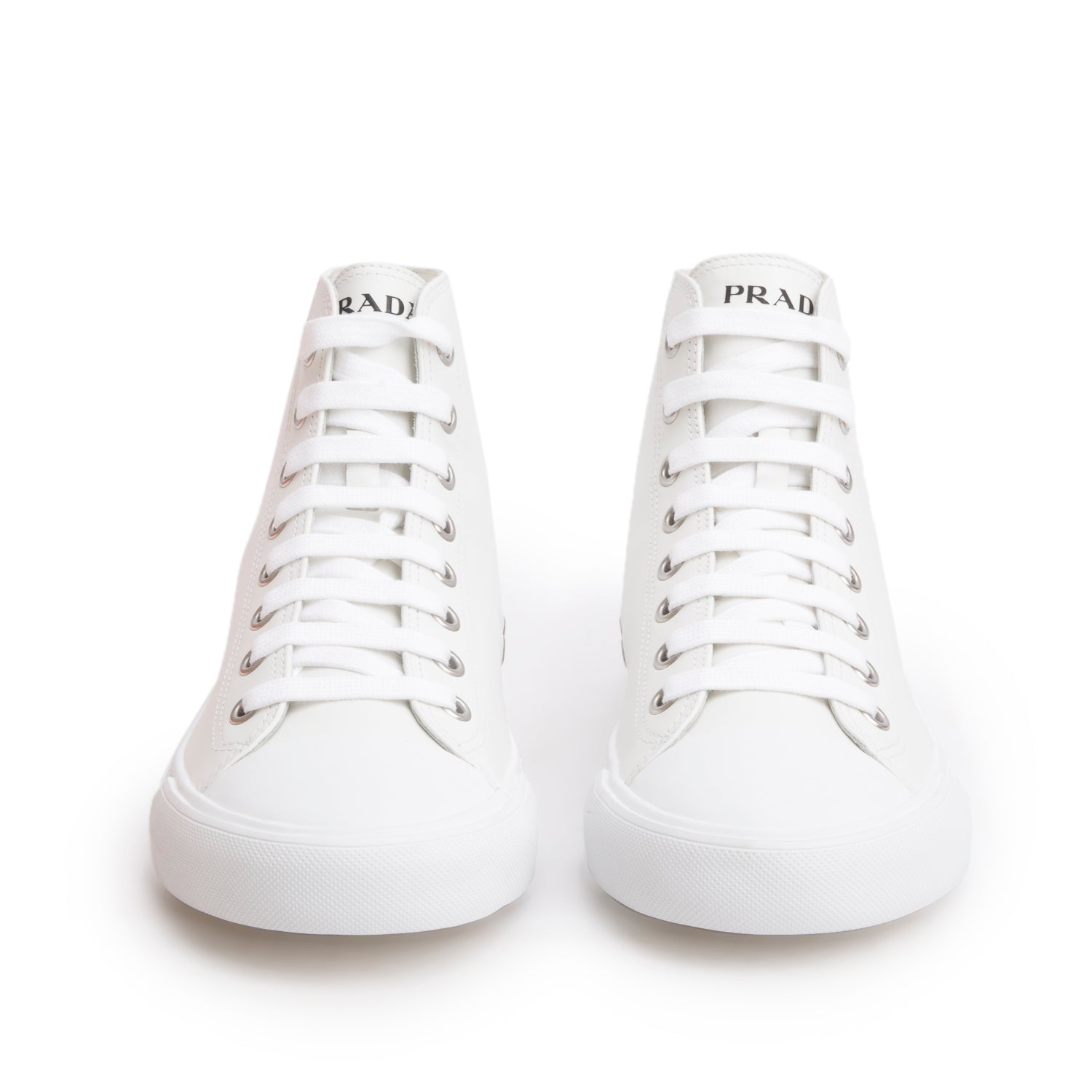 Prada White Vitello Plume Logo High Top Sneakers, Men's Size 9 w/ Box