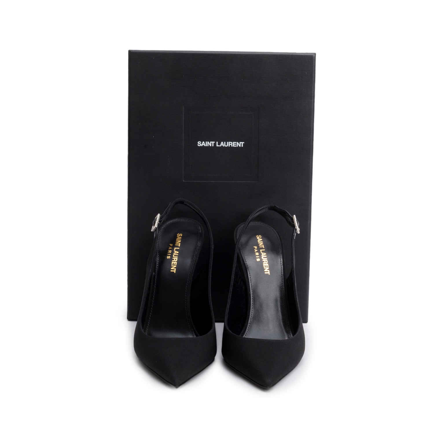Saint Laurent Black Crepe Satin Opyum Crystal Slingback Pump, Size 39 w/ Box
