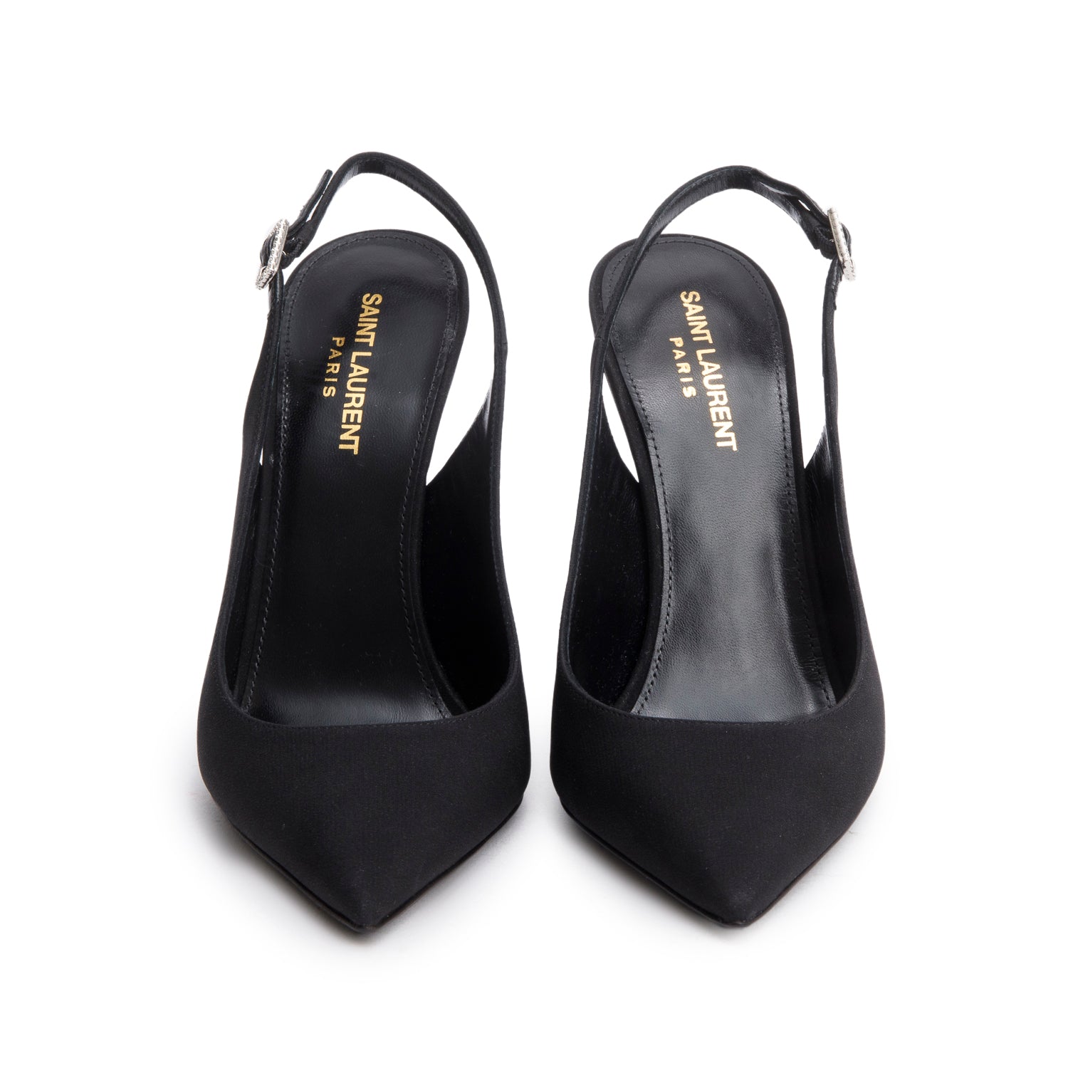 Saint Laurent Black Crepe Satin Opyum Crystal Slingback Pump, Size 39 w/ Box