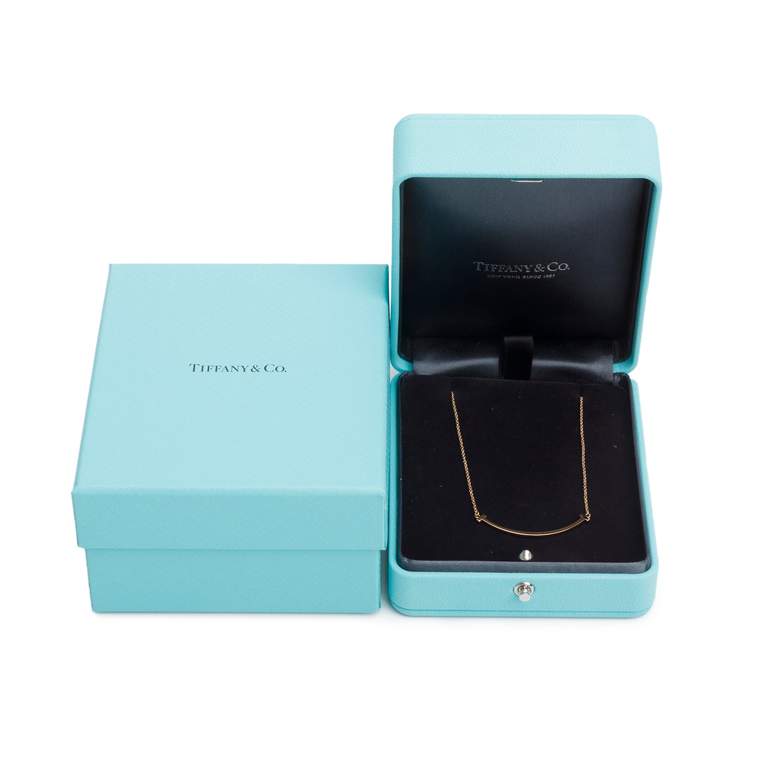 Tiffany & Co. 18k Rose Gold Small T Smile Pendant Necklace w/ Box