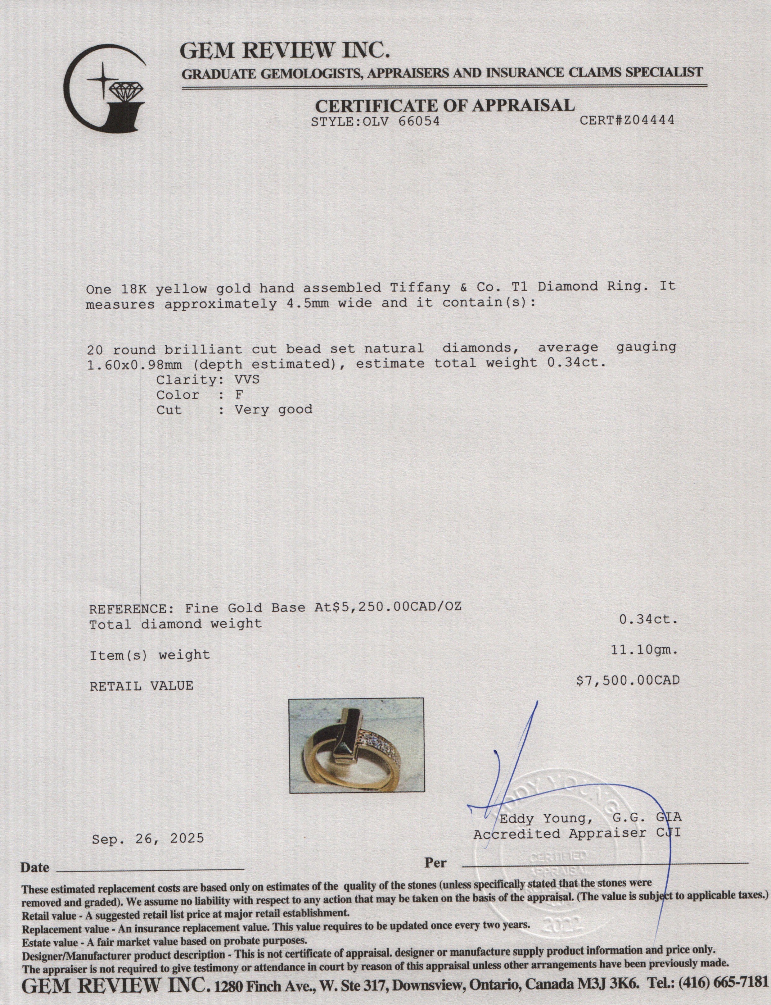 Tiffany & Co. 18k Yellow Gold T1 Diamond Ring, Size 5.5 w/ Box & Receipt