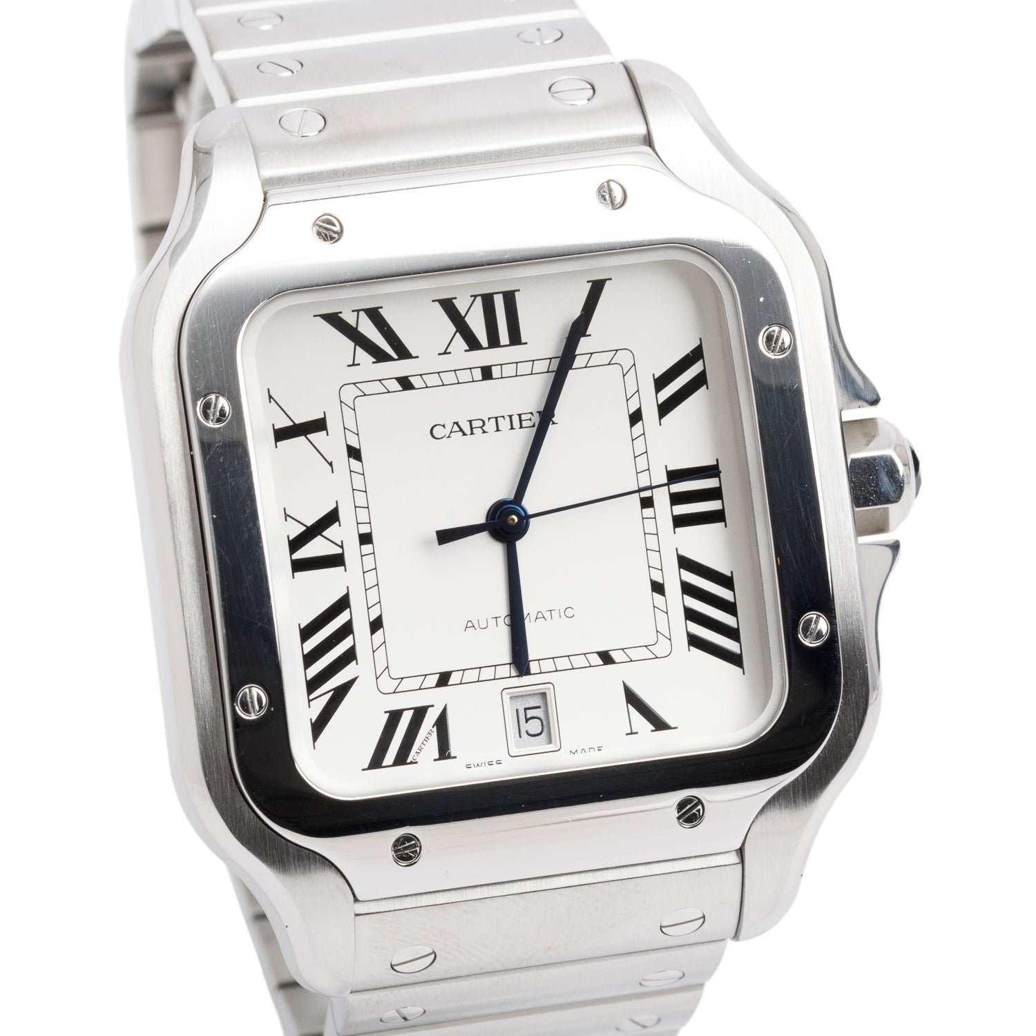 Cartier Stainless Steel Santos de Cartier Automatic Watch, Large Model Silver Dial 4072 w/ Box , Papers & Extra Strap