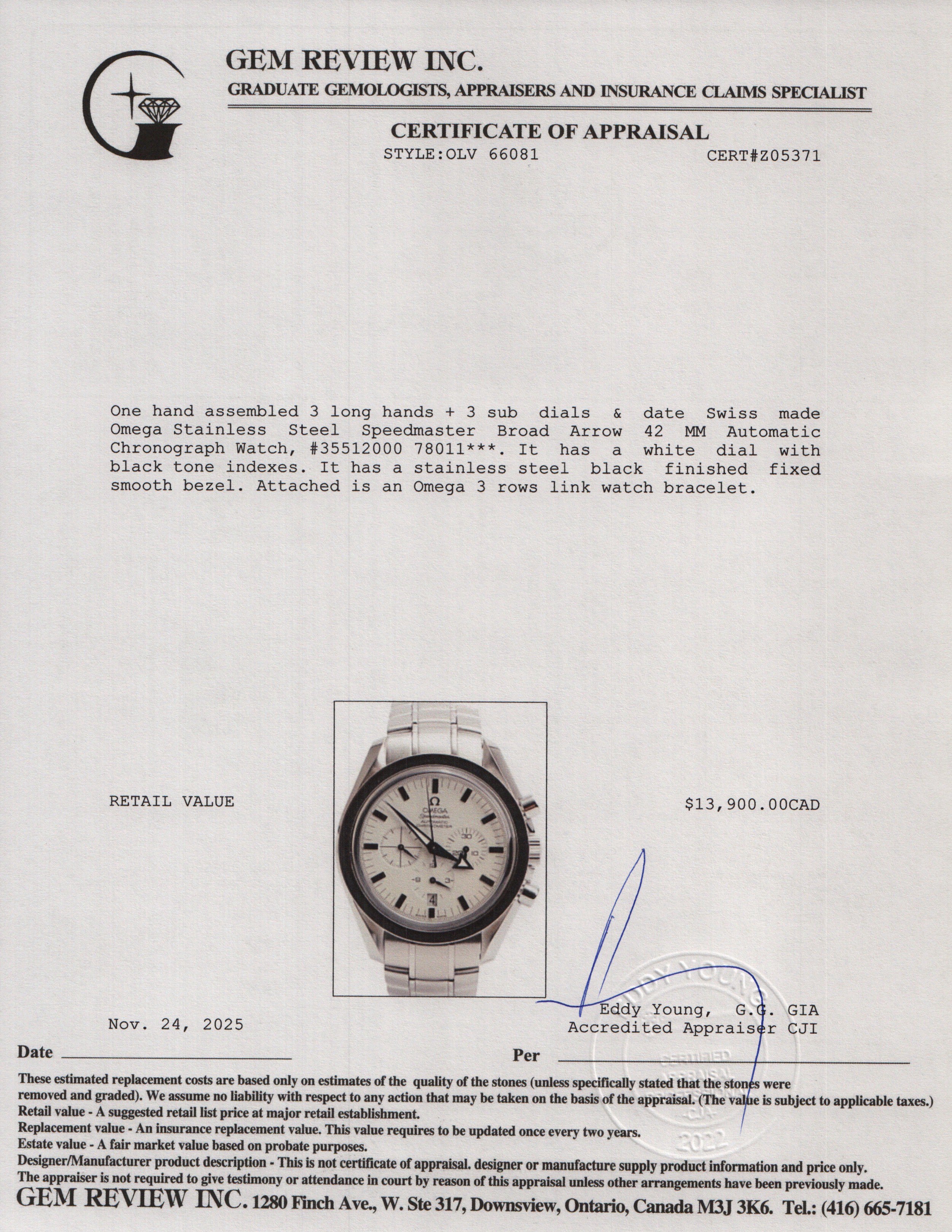 Omega Stainless Steel Speedmaster Broad Arrow 42 MM Automatic Chronograph Watch White Dial w/ Box & Papers