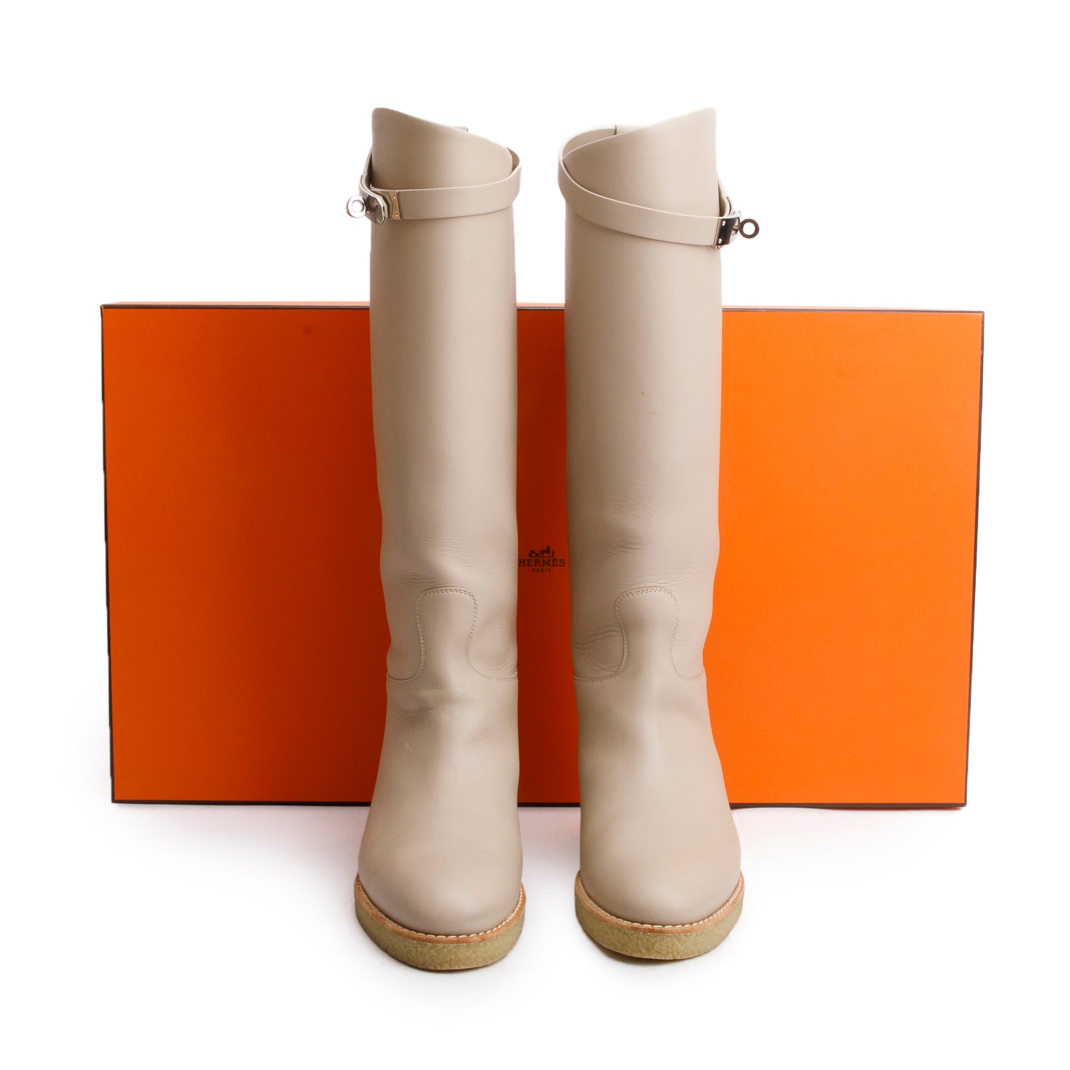 Hermes Neutral Calfskin Leather Palladium Plated Kelly Jumping Boots, Size 38 w/ Box