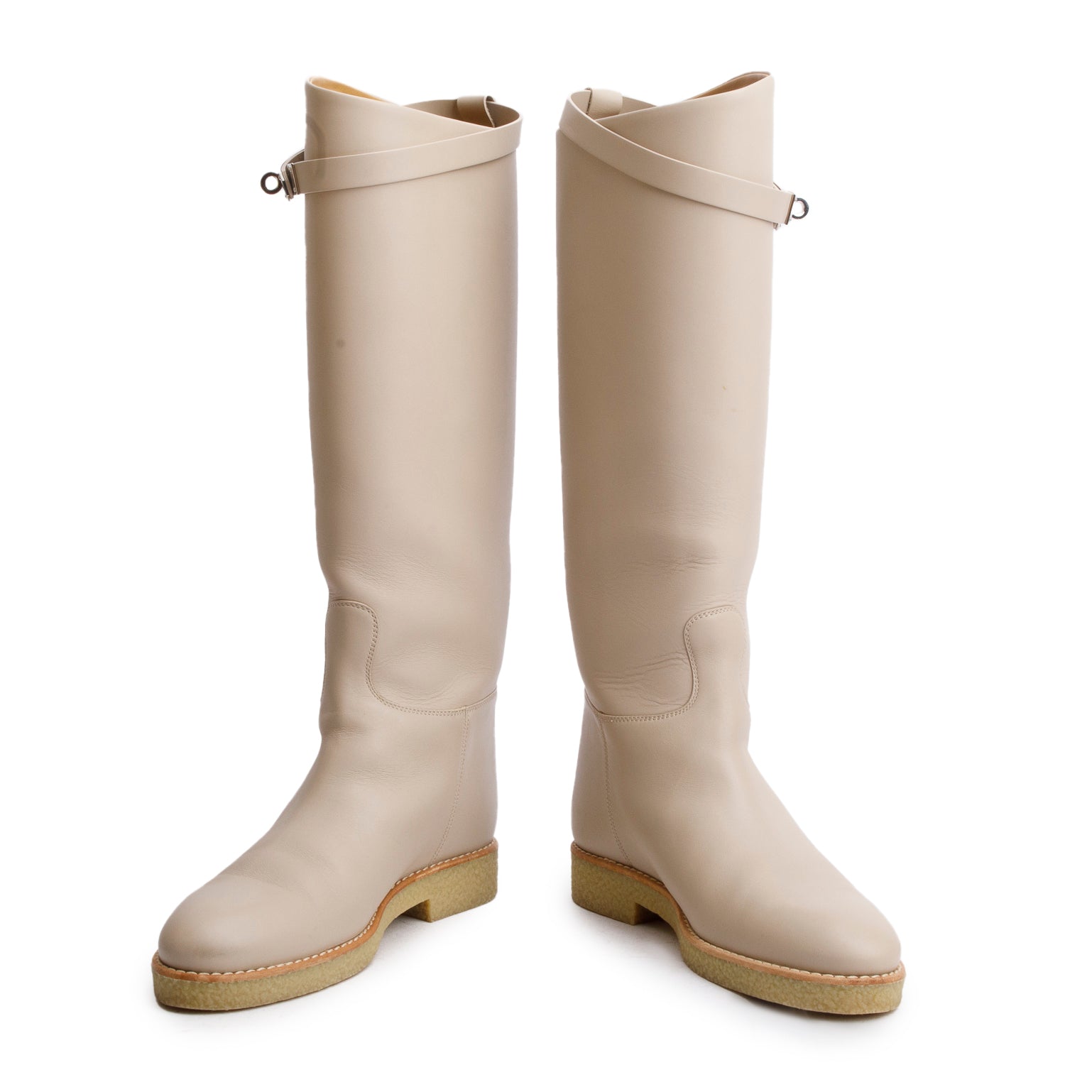 Hermes Neutral Calfskin Leather Palladium Plated Kelly Jumping Boots, Size 38 w/ Box