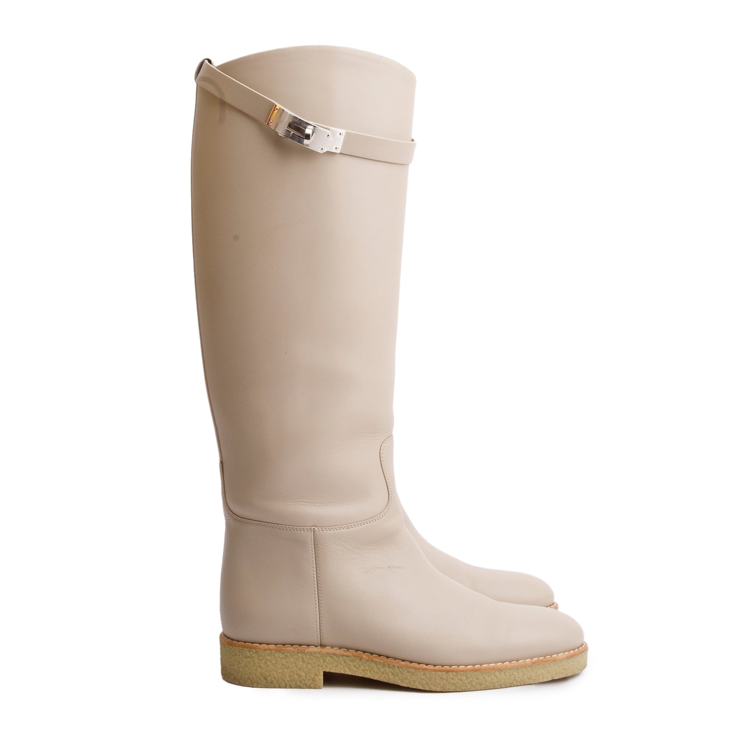 Hermes Neutral Calfskin Leather Palladium Plated Kelly Jumping Boots, Size 38 w/ Box