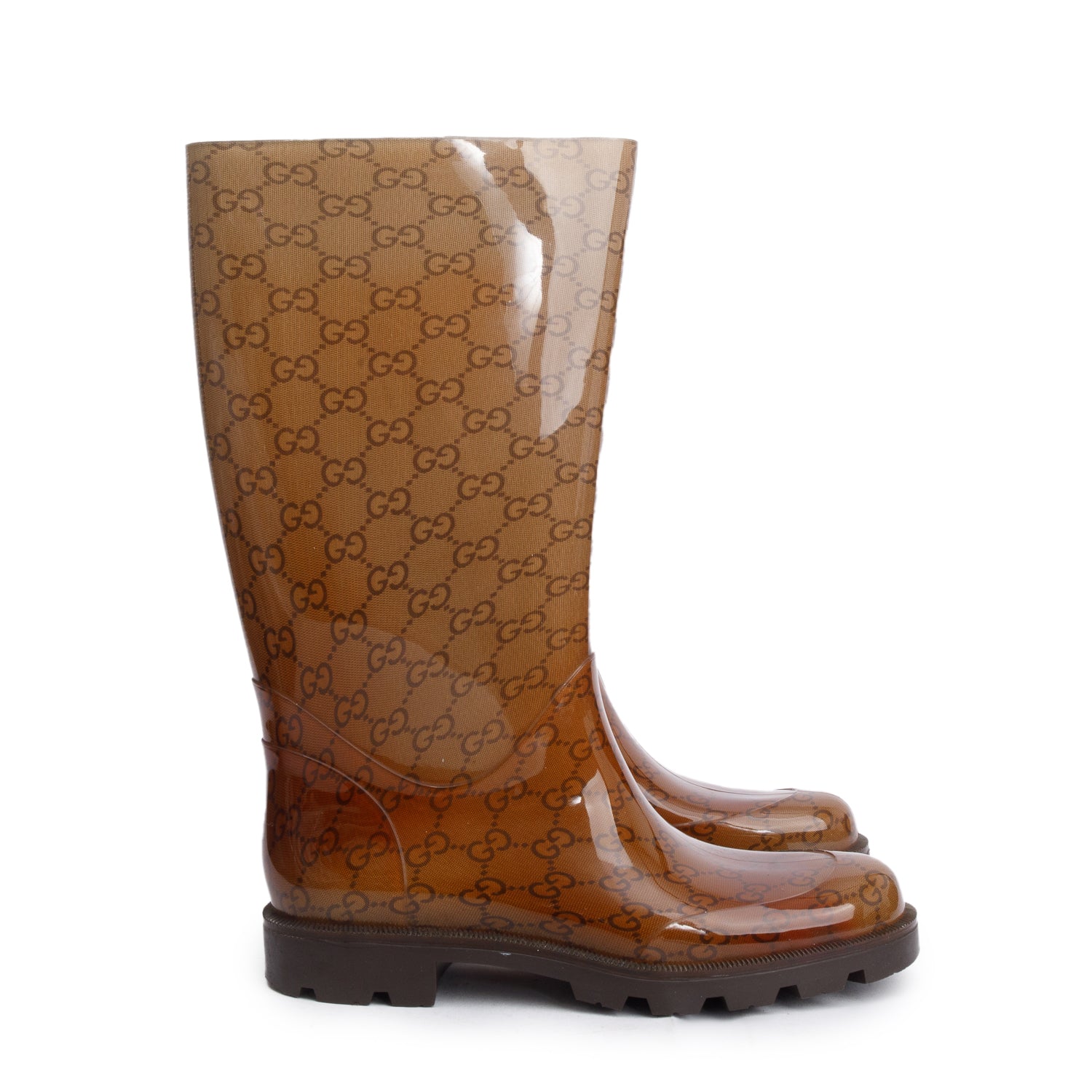 Gucci Brown GG Rubber Rain Boots, Size 38