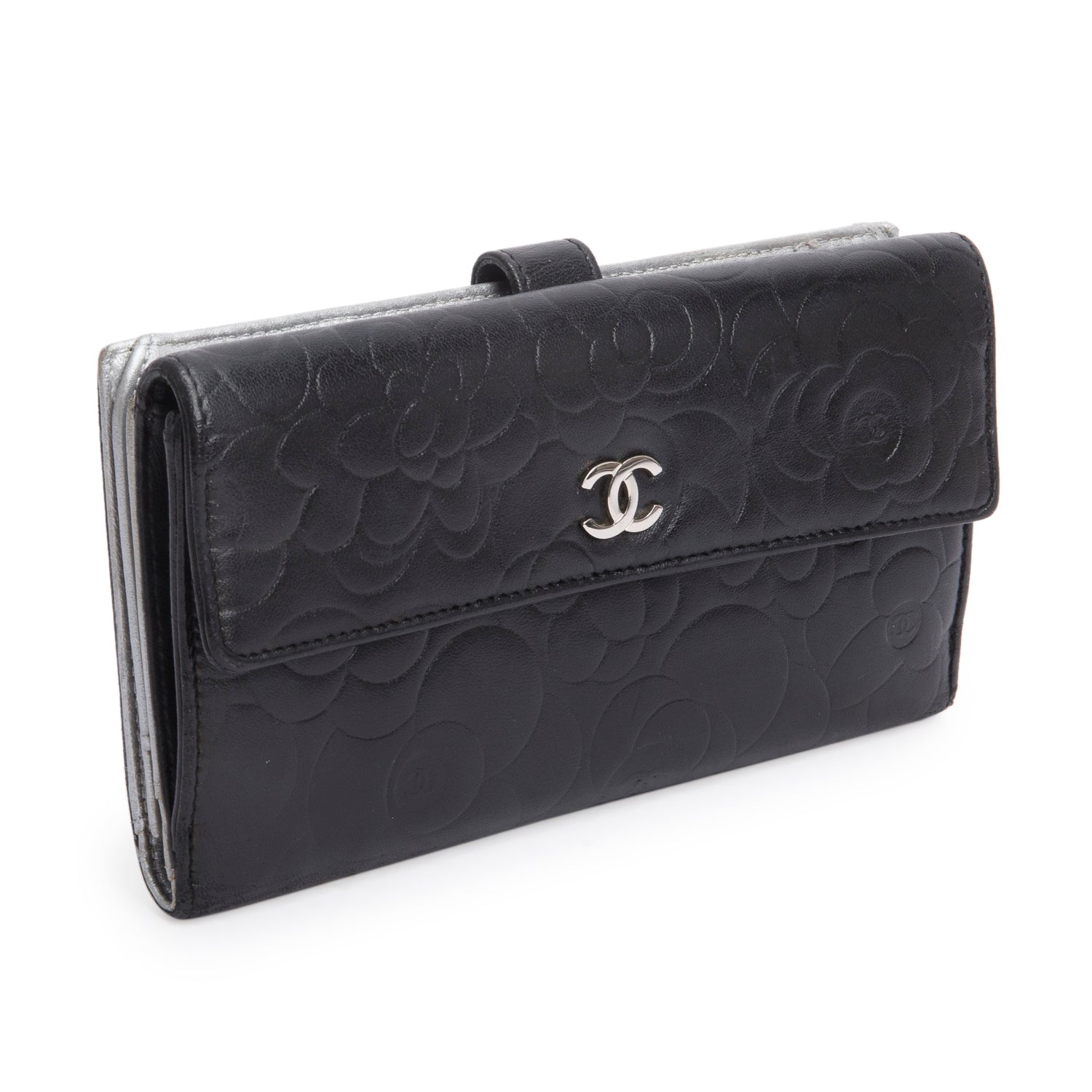 Chanel Black Lambskin Camellia Embossed Large Flap Wallet
