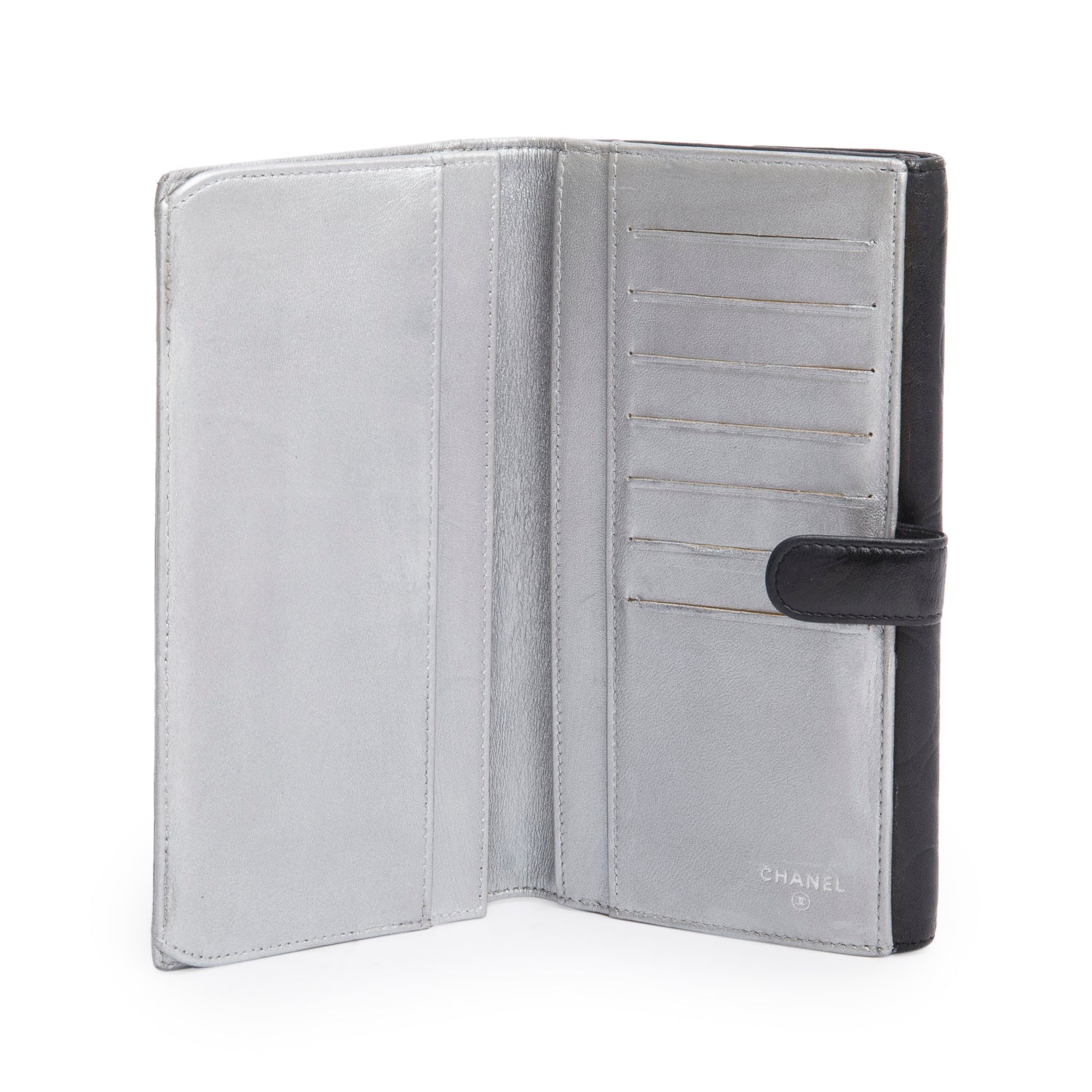 Chanel Black Lambskin Camellia Embossed Large Flap Wallet