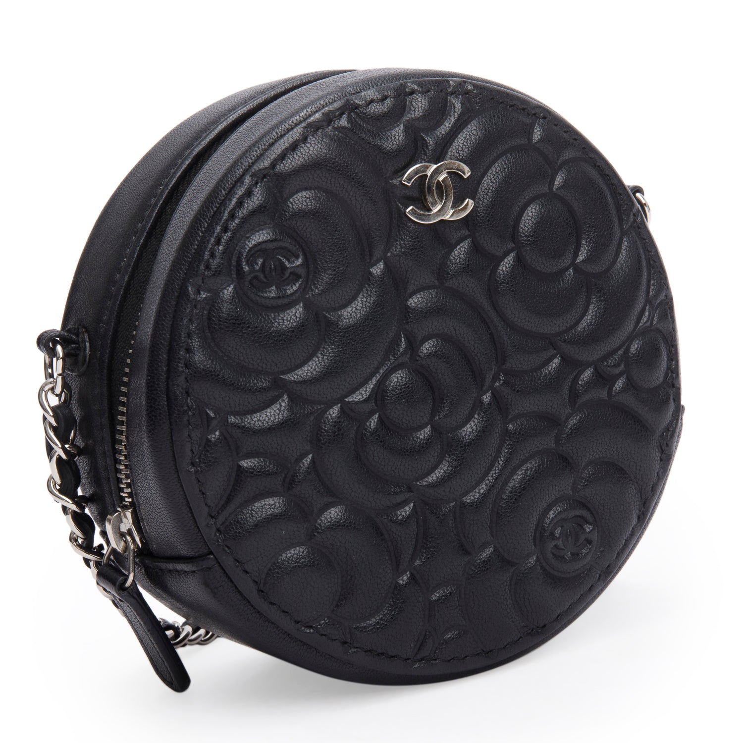 Chanel Black Caviar Camellia Embossed Round Clutch w/ Box & Authenticity Card