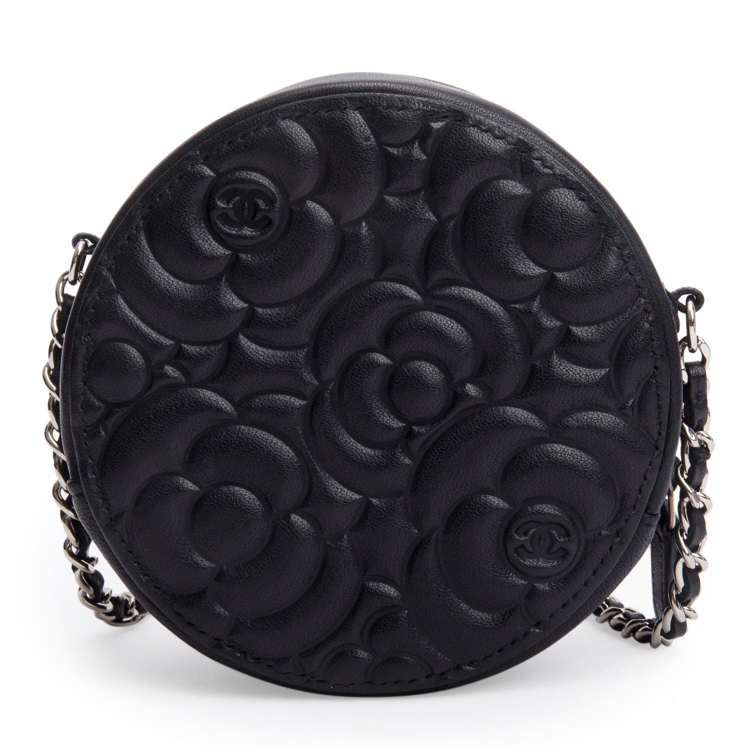 Chanel Black Caviar Camellia Embossed Round Clutch w/ Box & Authenticity Card