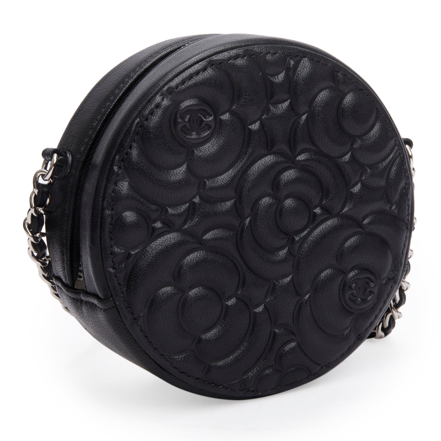 Chanel Black Caviar Camellia Embossed Round Clutch w/ Box & Authenticity Card