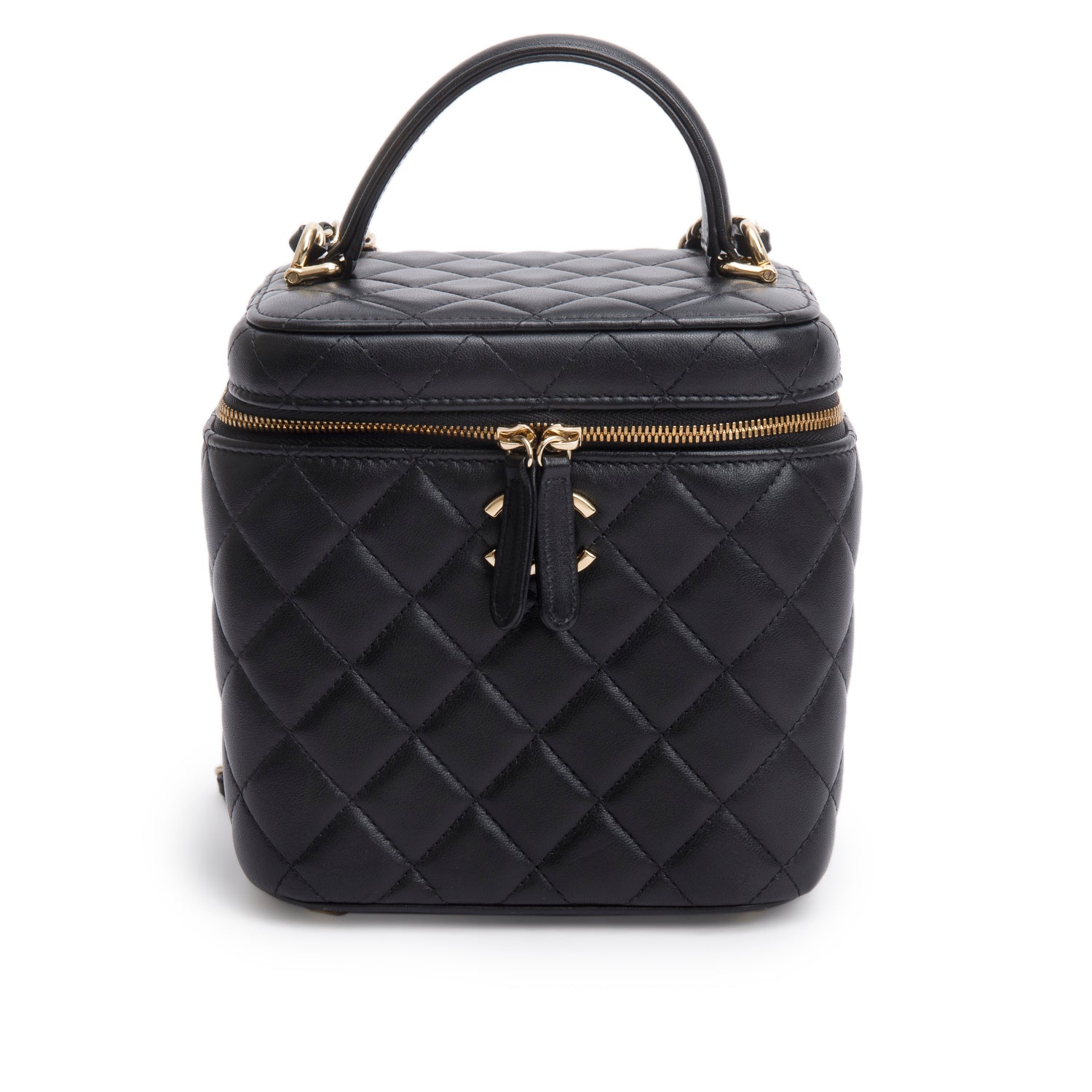 Chanel Black Caviar Quilted Small Top Handle Vanity Case w/ Chain