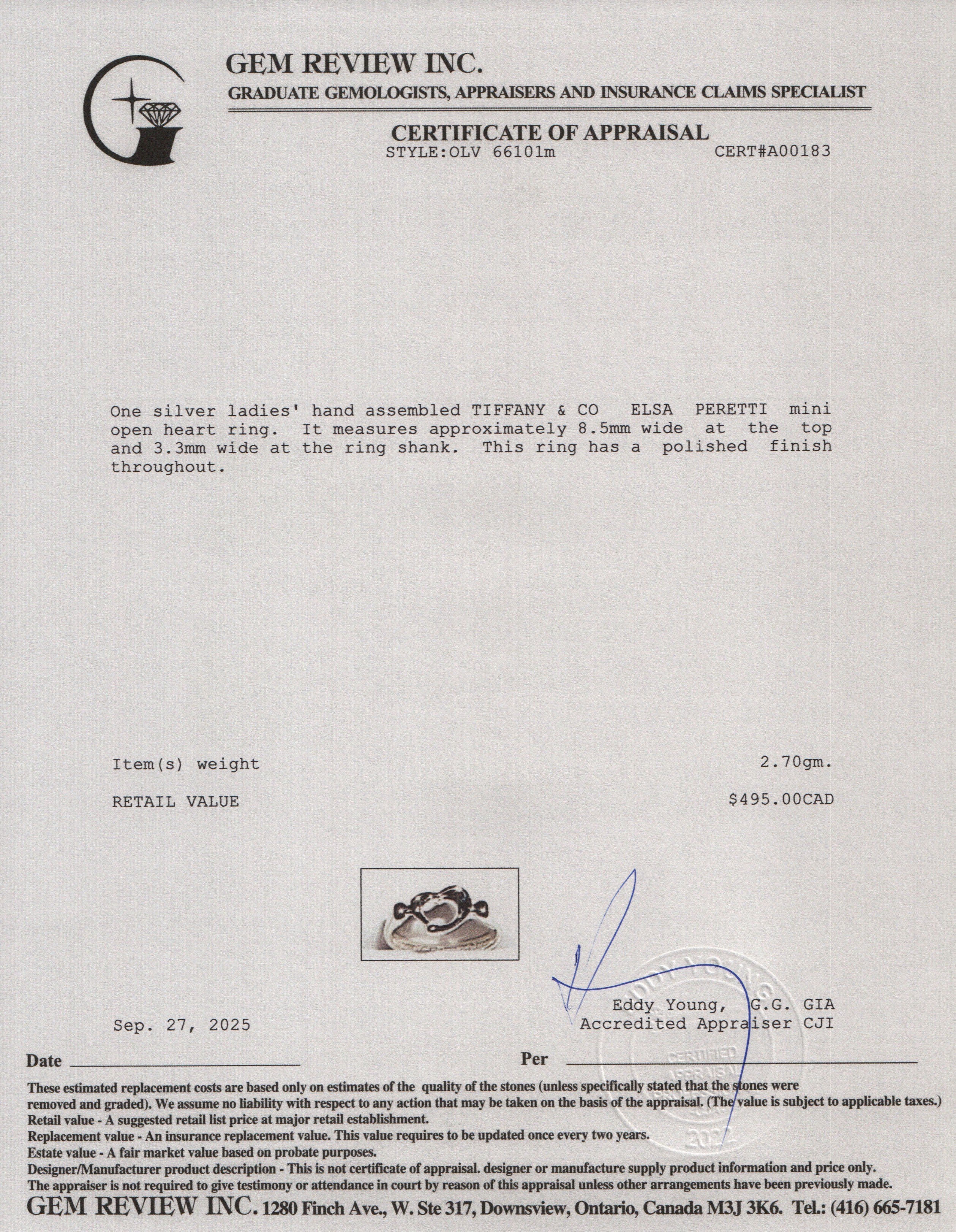 Tiffany & Co. Elsa Peretti Sterling Silver Mini Open Heart Ring, Size 5.75