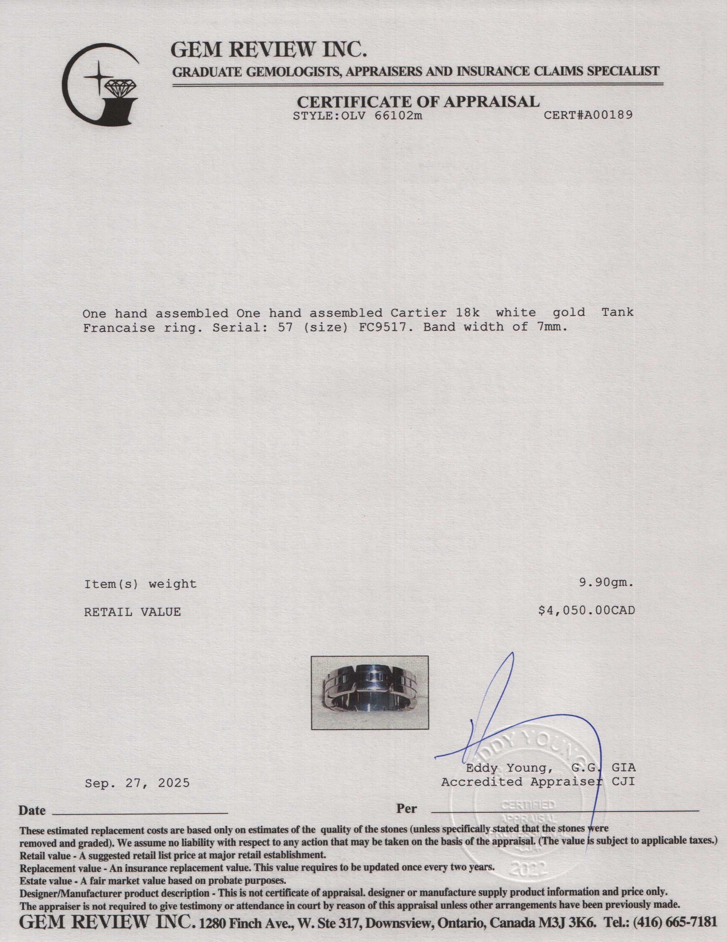 Cartier 18k White Gold Tank Francaise Ring, Size 57 8 w/ Box & Certificate