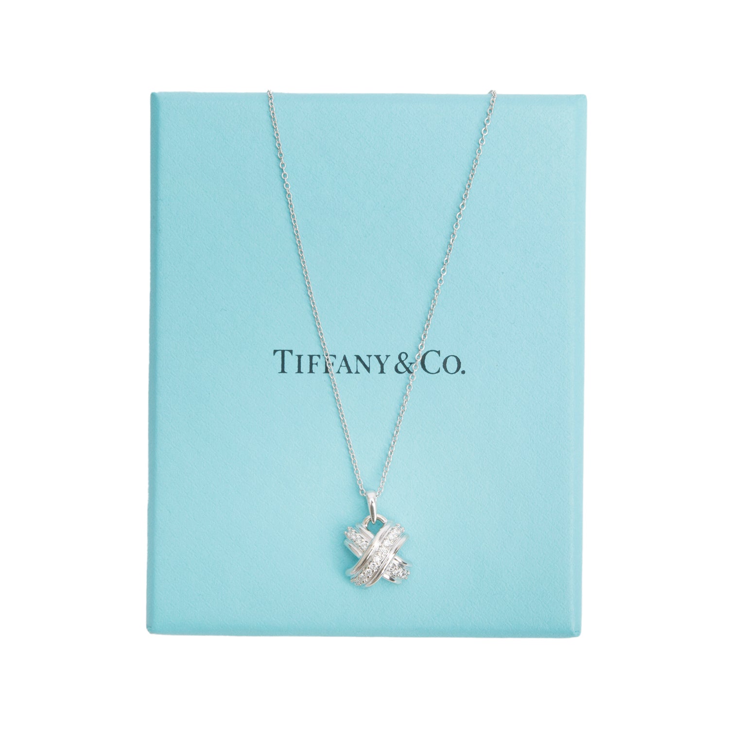 Tiffany & Co. 18k White Gold Diamond Signature X Pendant Necklace w/ Box