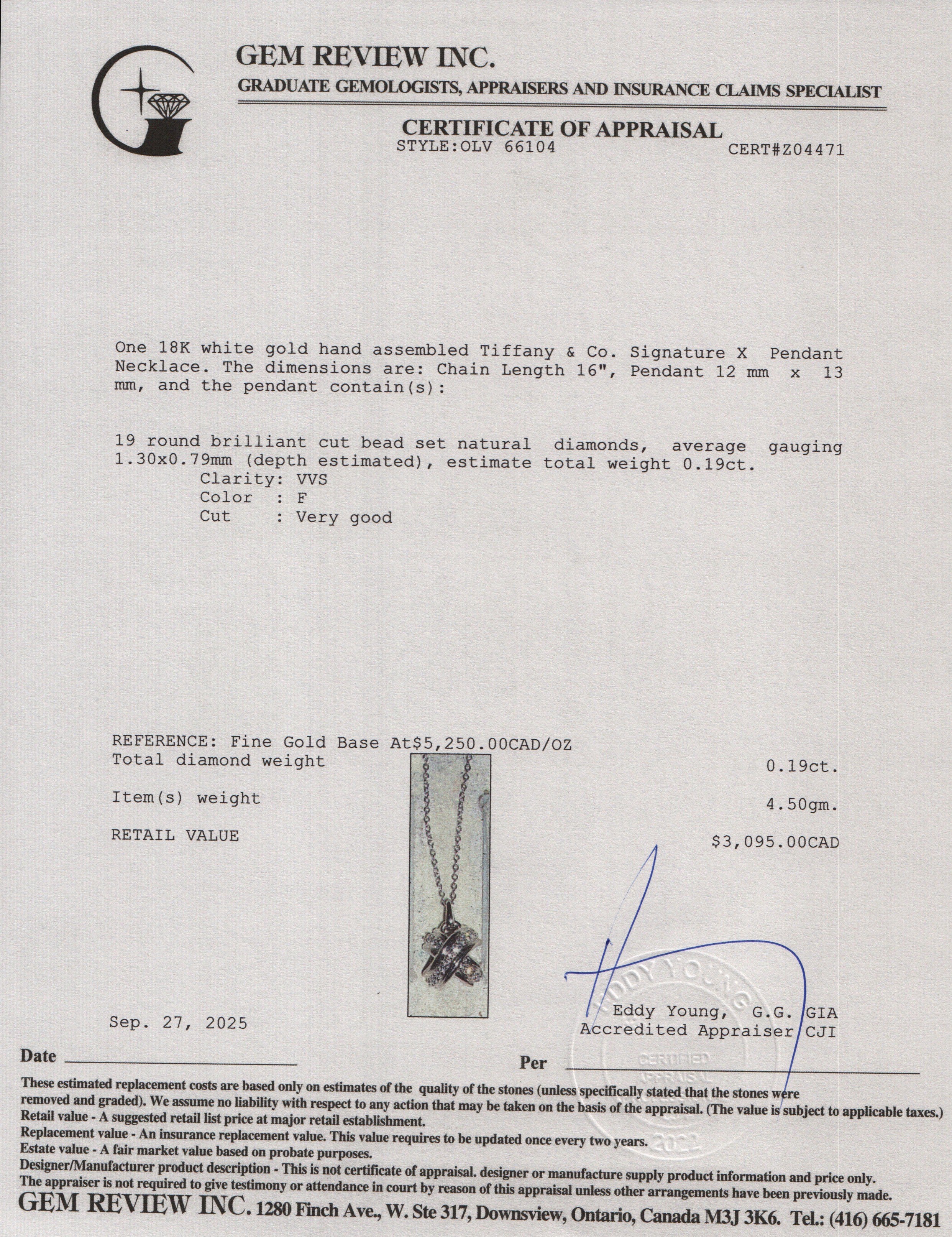 Tiffany & Co. 18k White Gold Diamond Signature X Pendant Necklace w/ Box