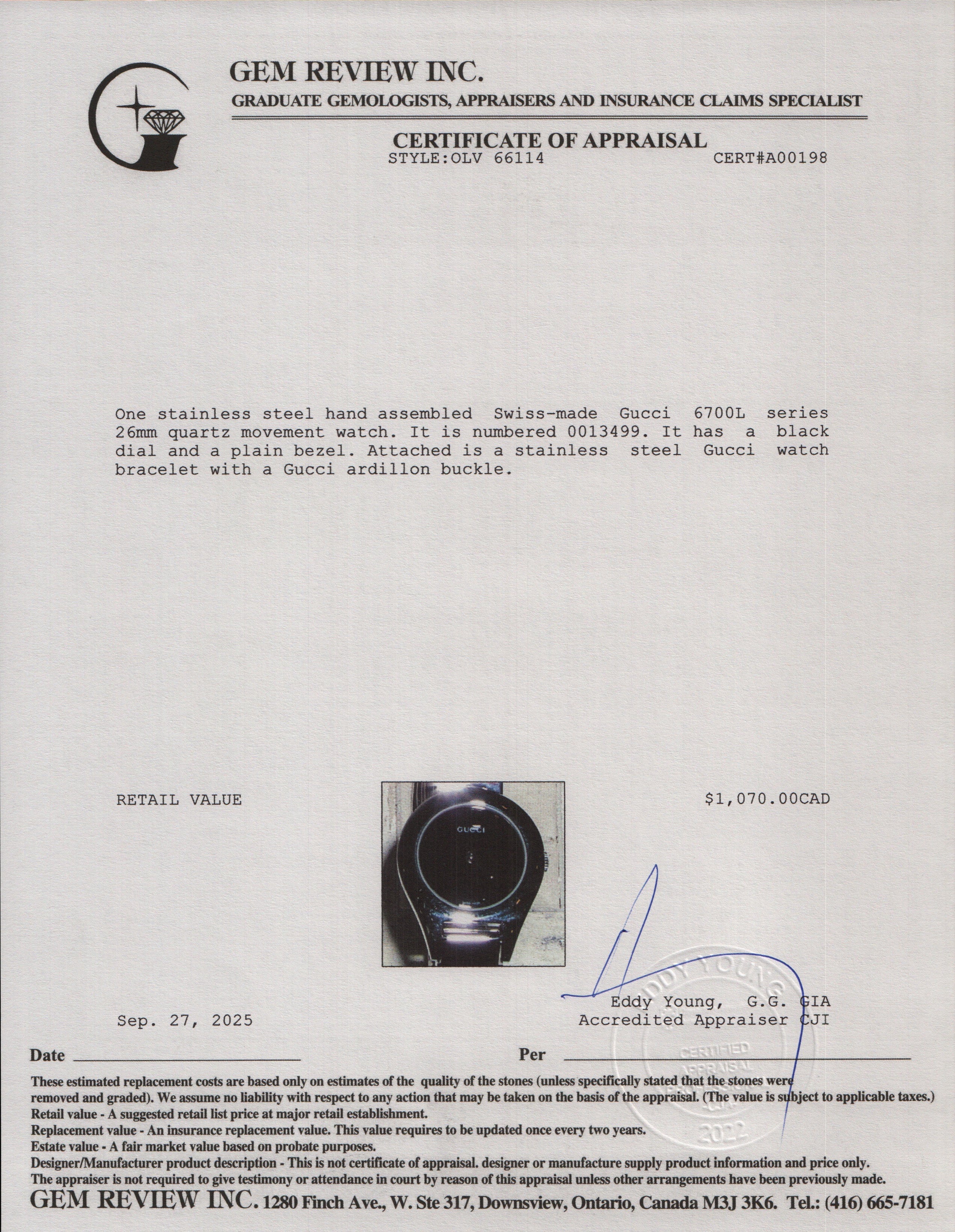 Gucci Stainless Steel 6700L Series 26 MM Watch w/ Box