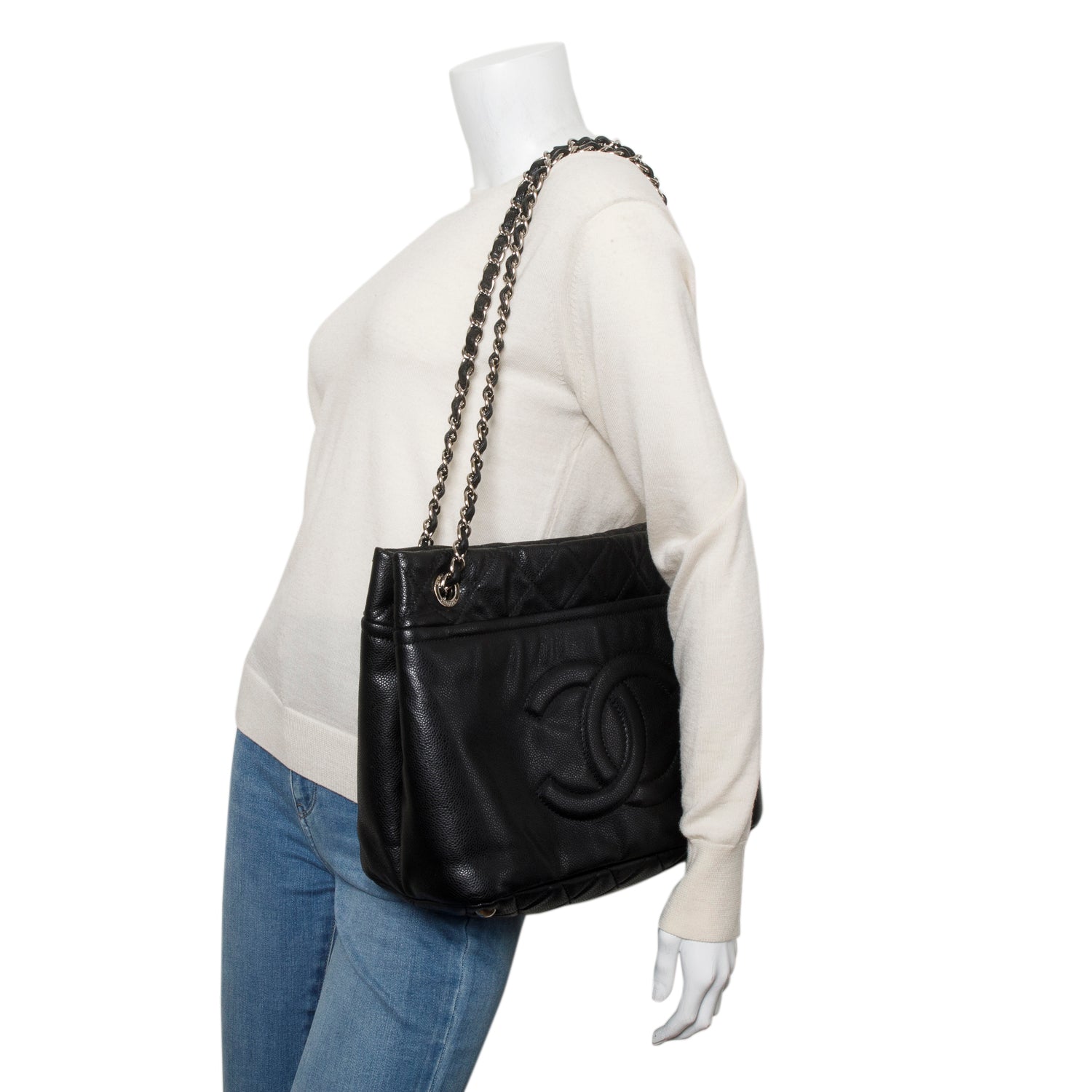 Chanel Black Caviar Leather Timeless CC Shopping Tote w/ Box & Authenticity Card