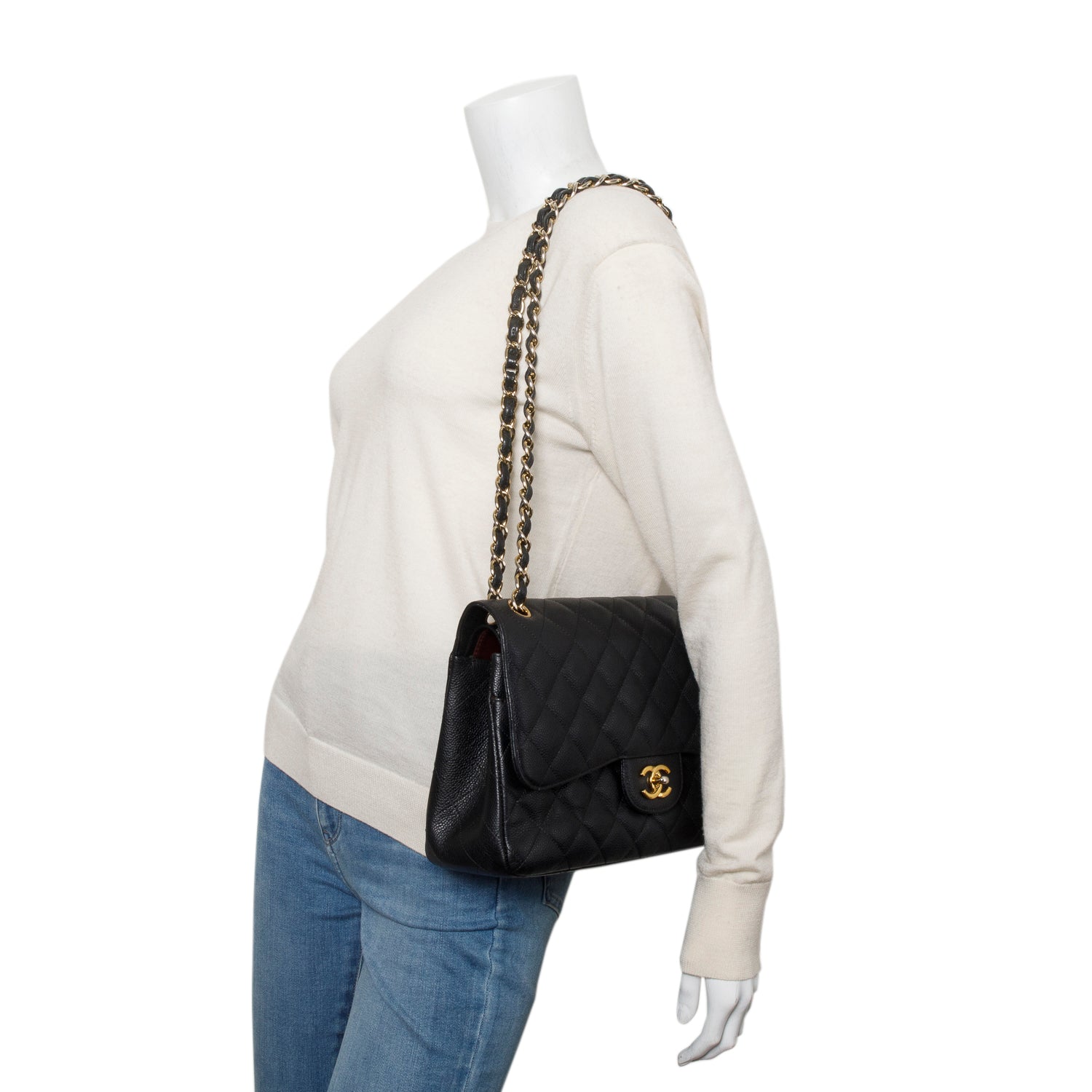 Chanel Black Caviar Jumbo Classic Double Flap Bag w/ Authenticity Card