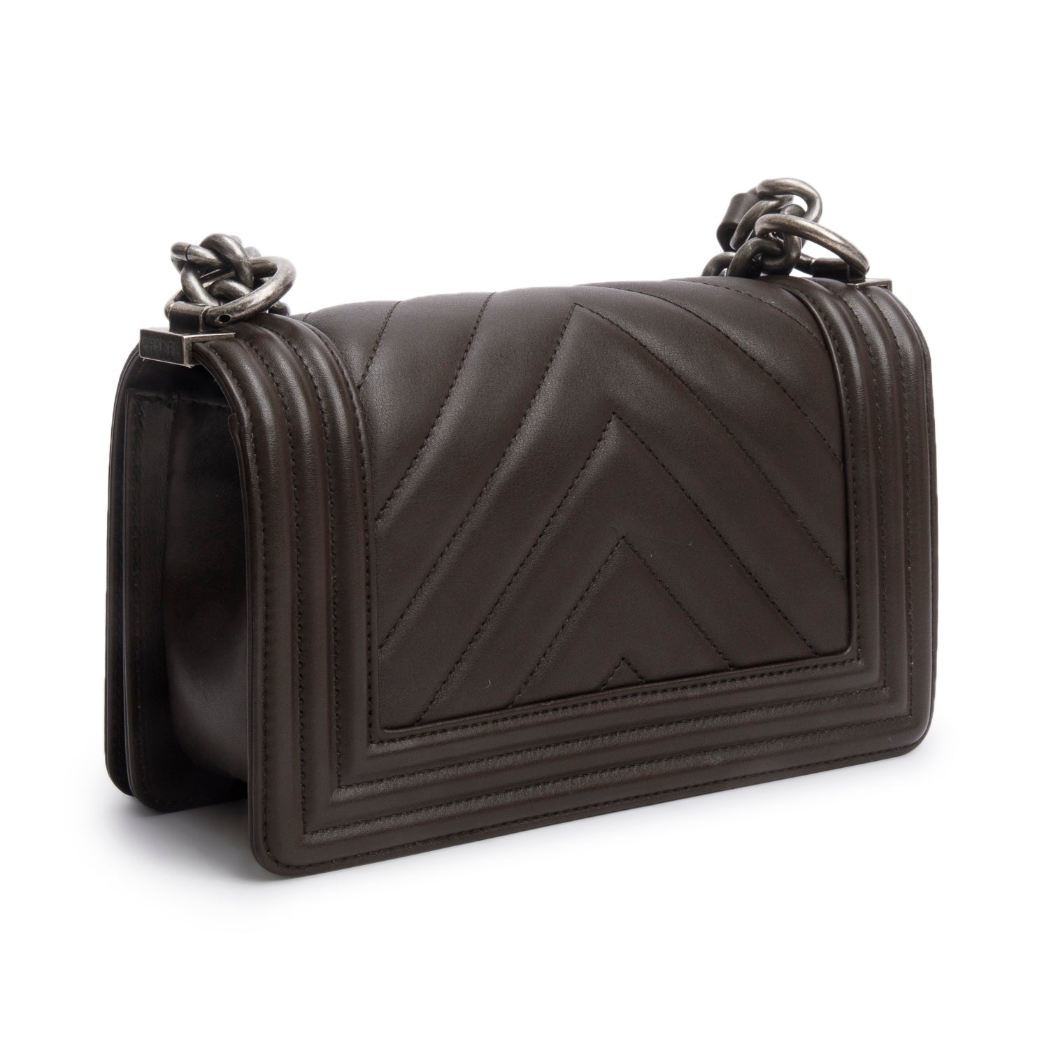 Chanel Brown Lambskin Chevron Small Boy Bag w/ Box & Authenticity Card