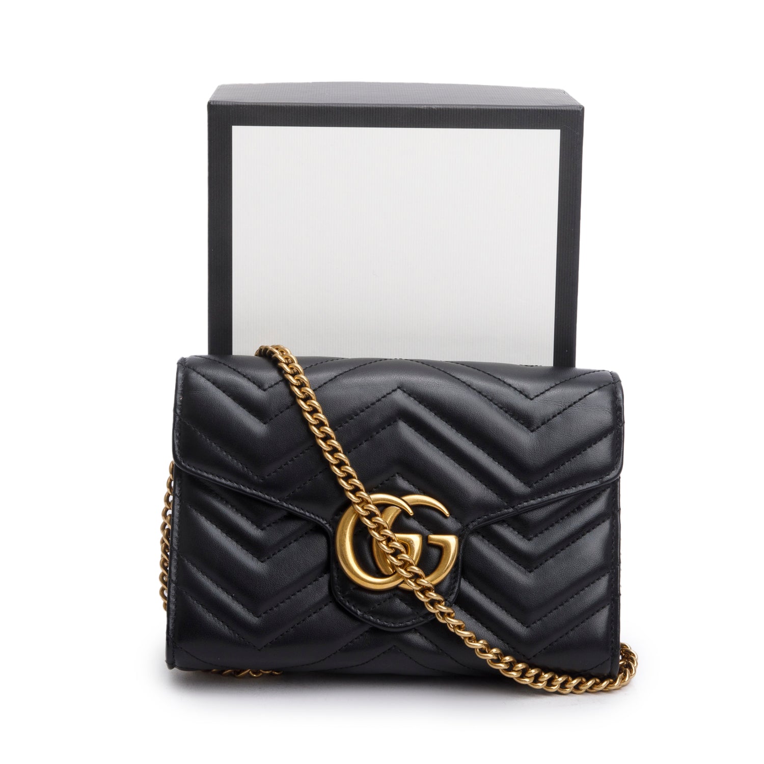 Gucci Black Calfskin Matelasse GG Marmont Chain Wallet w/ Box