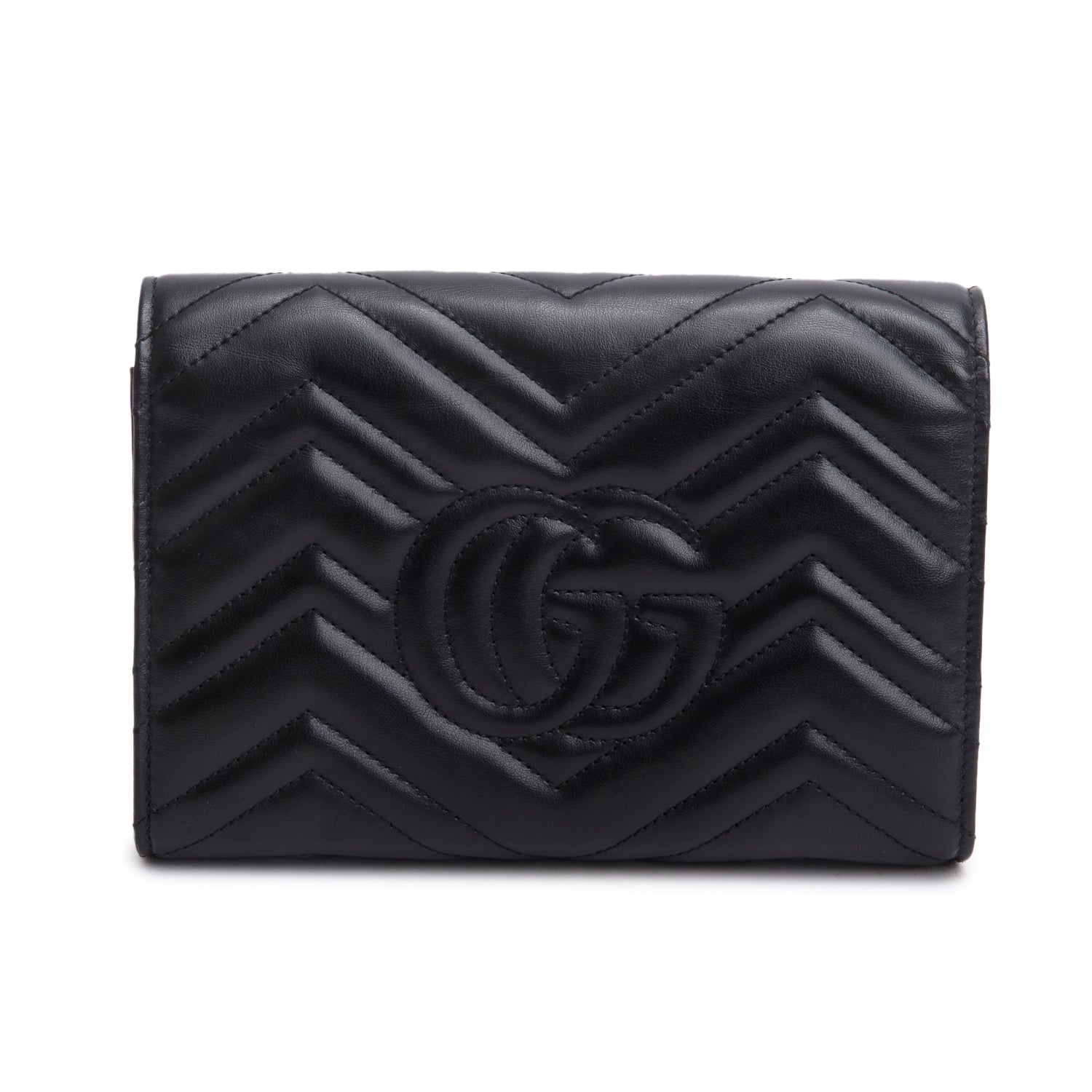Gucci Black Calfskin Matelasse GG Marmont Chain Wallet w/ Box