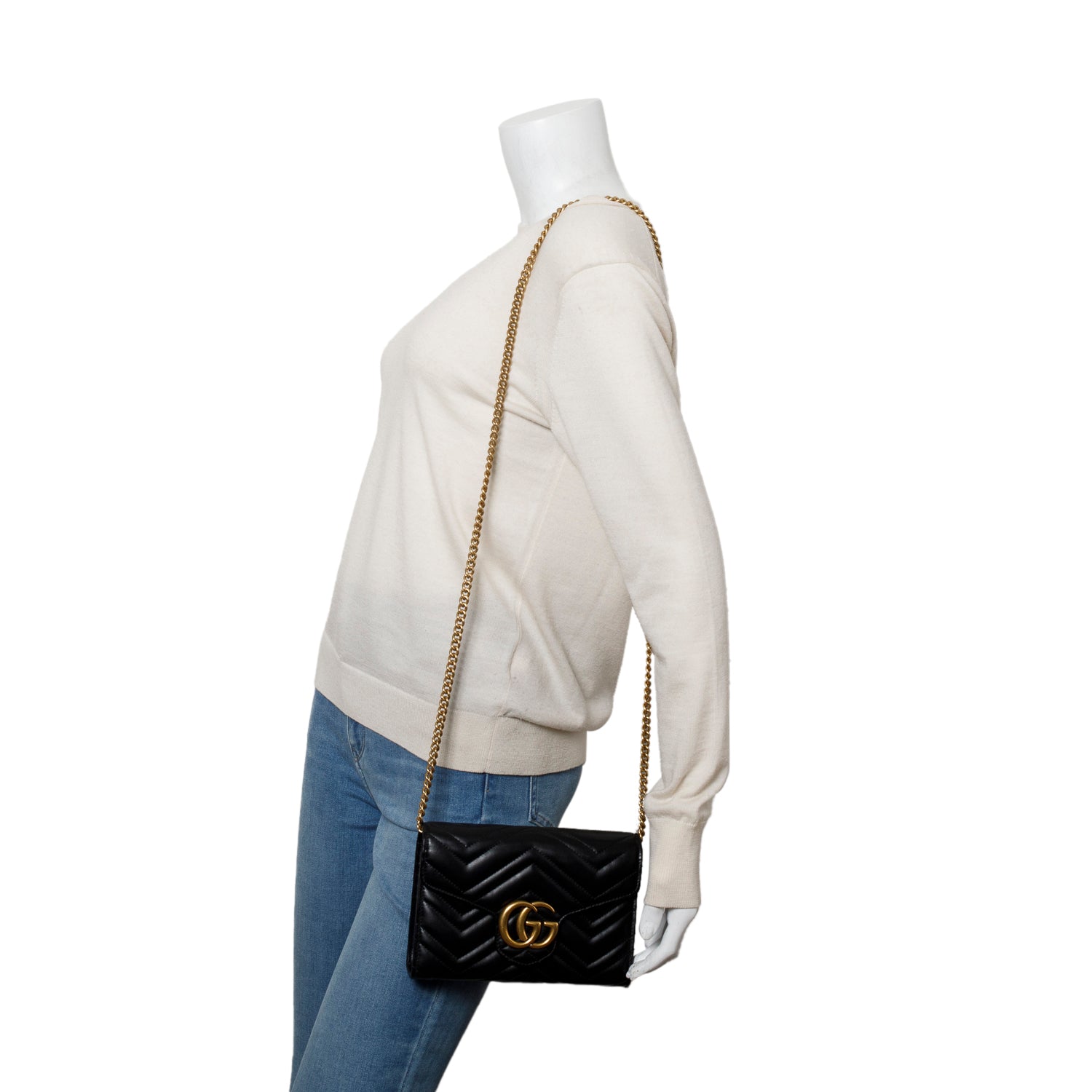 Gucci Black Calfskin Matelasse GG Marmont Chain Wallet w/ Box