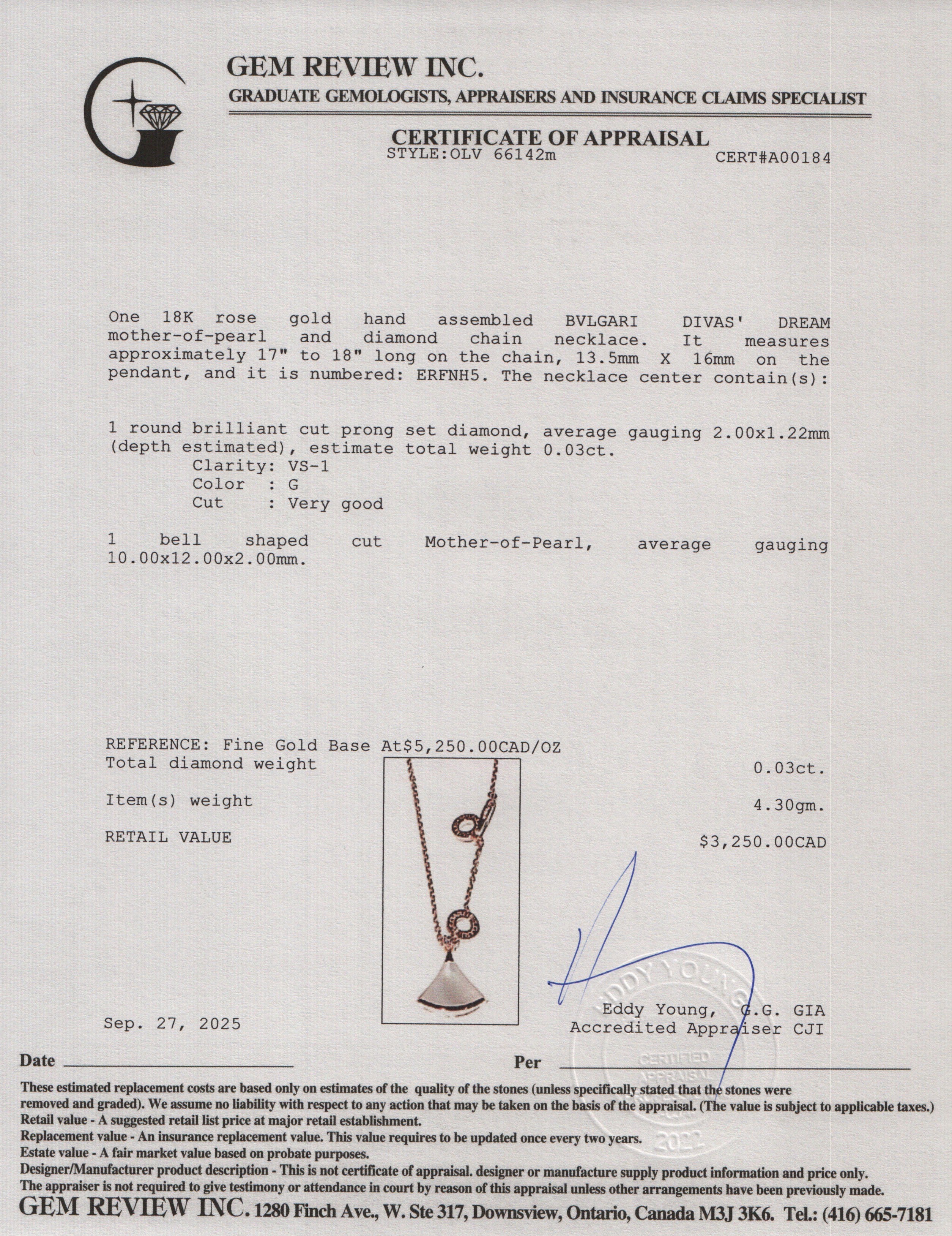 BVLGARI 18k Rose Gold Mother of Pearl & Diamond Divas' Dream Pendant Necklace w/ Box & Certificate