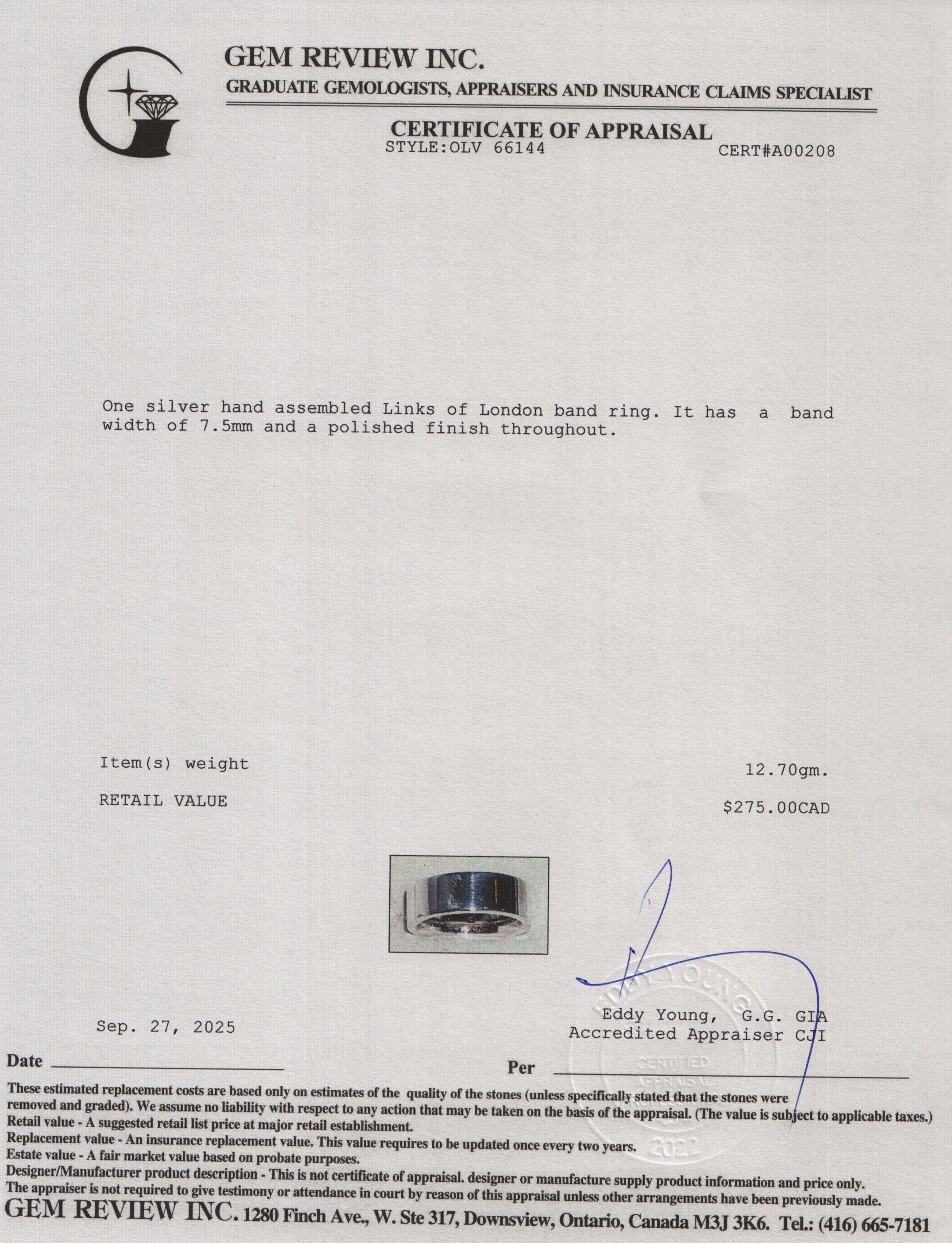 Links of London Sterling Silver 7.5MM Band Ring, Size 8