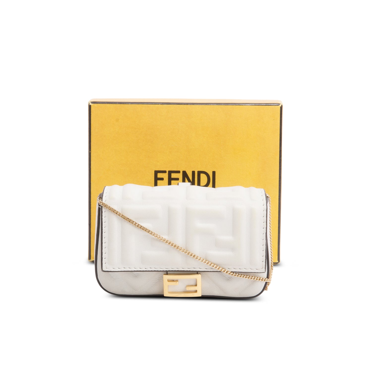 Fendi White Nappa Matisse FF Embossed Nano Baguette Charm w/ Box & Chain