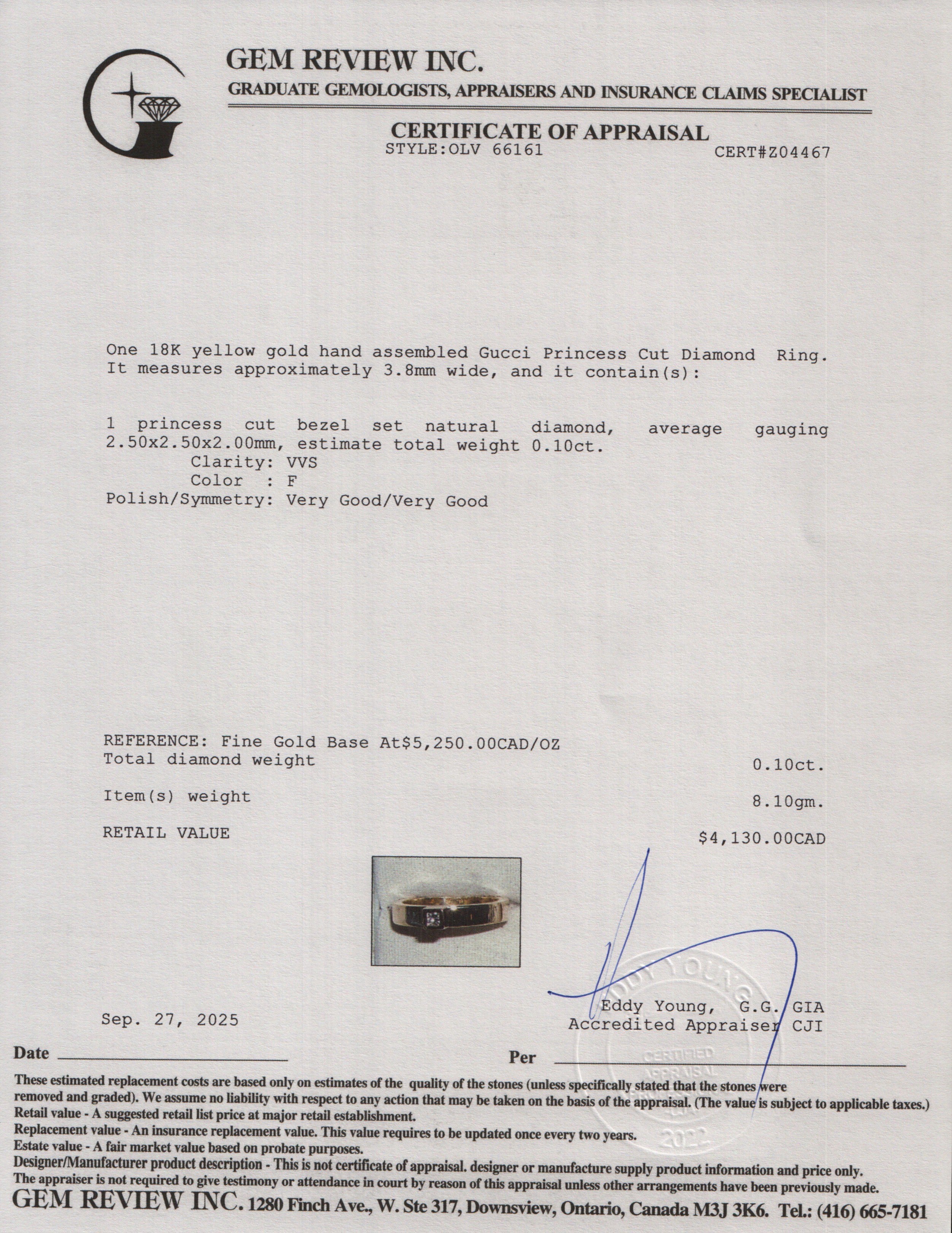 Gucci 18k Yellow Gold Princess Cut Diamond Ring, Size 7.5