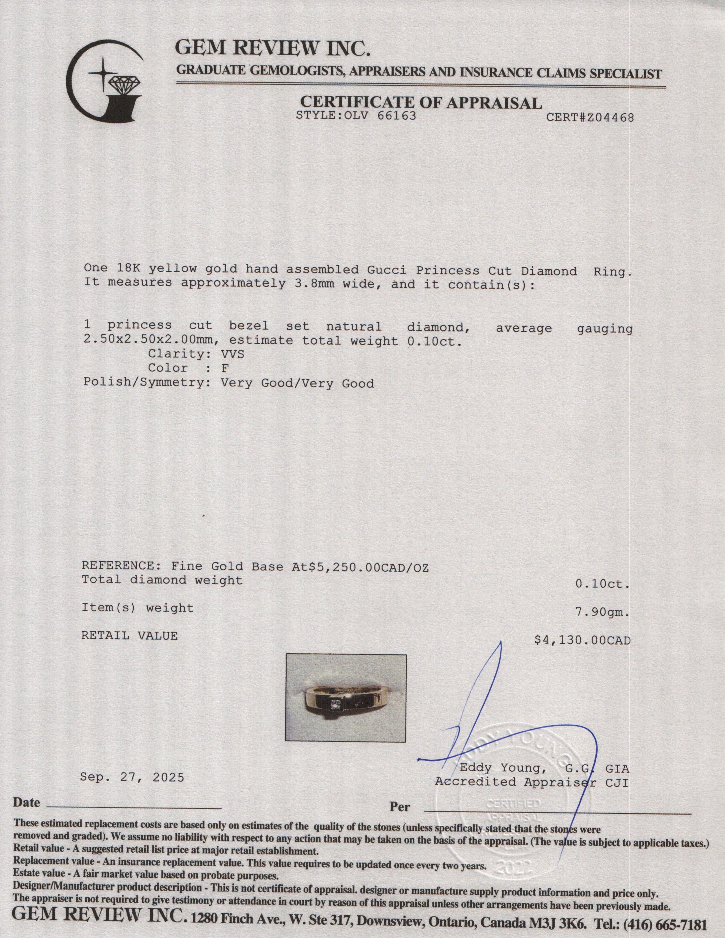 Gucci 18k Yellow Gold Princess Cut Diamond Ring, Size 7.5