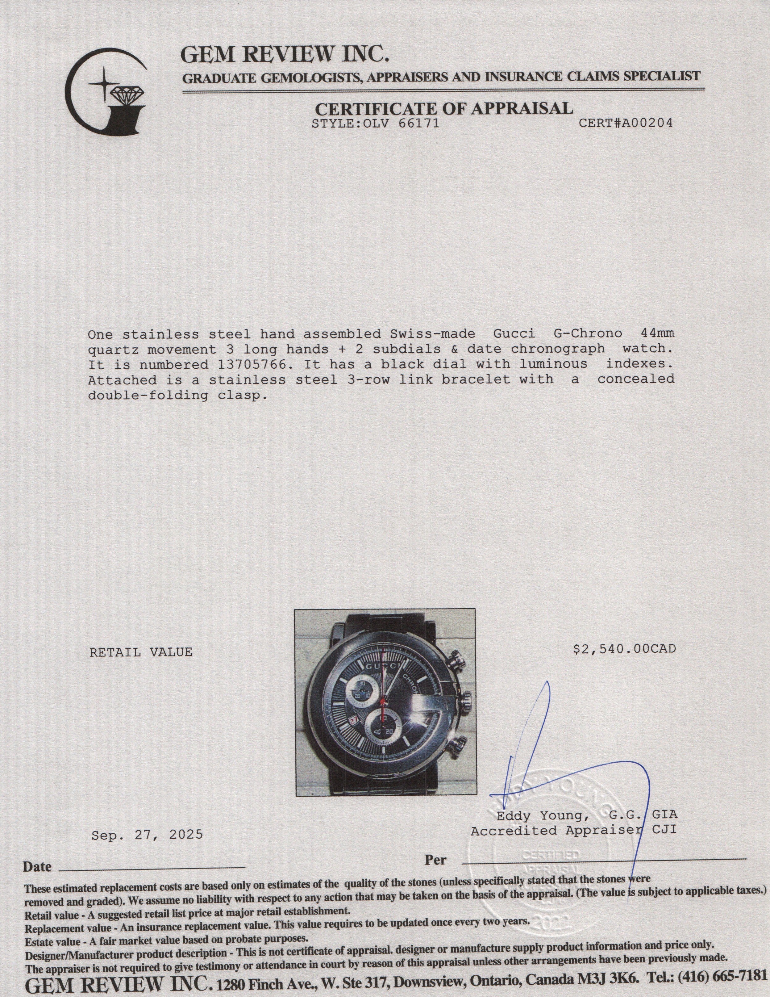 Gucci Stainless Steel G-Chrono 44 MM Watch Quartz Watch Black Dial YA101309 w/ Box & Papers