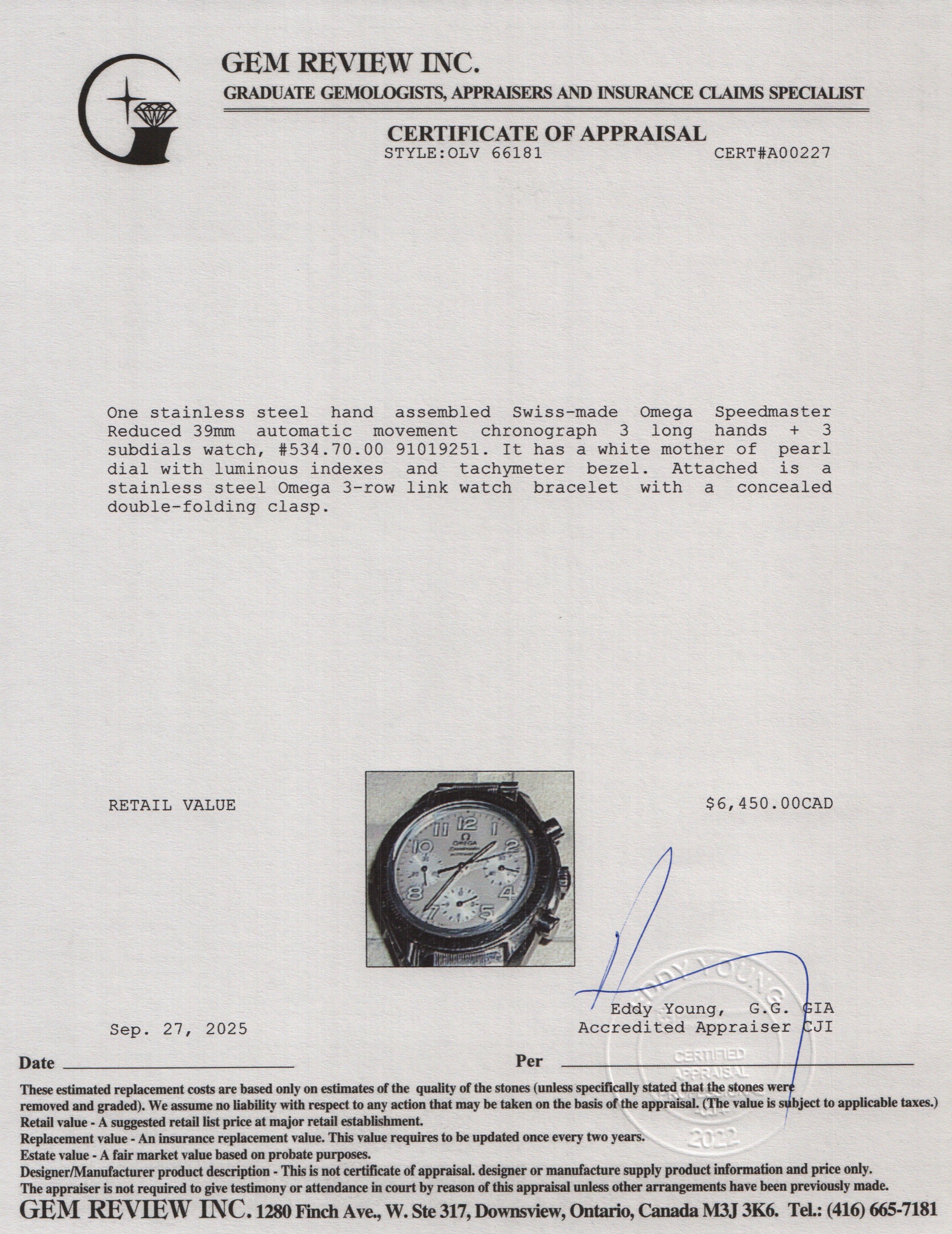 Omega Stainless Steel Speedmaster Reduced 39 MM Automatic Chronograph Watch Mother of Pearl Dial