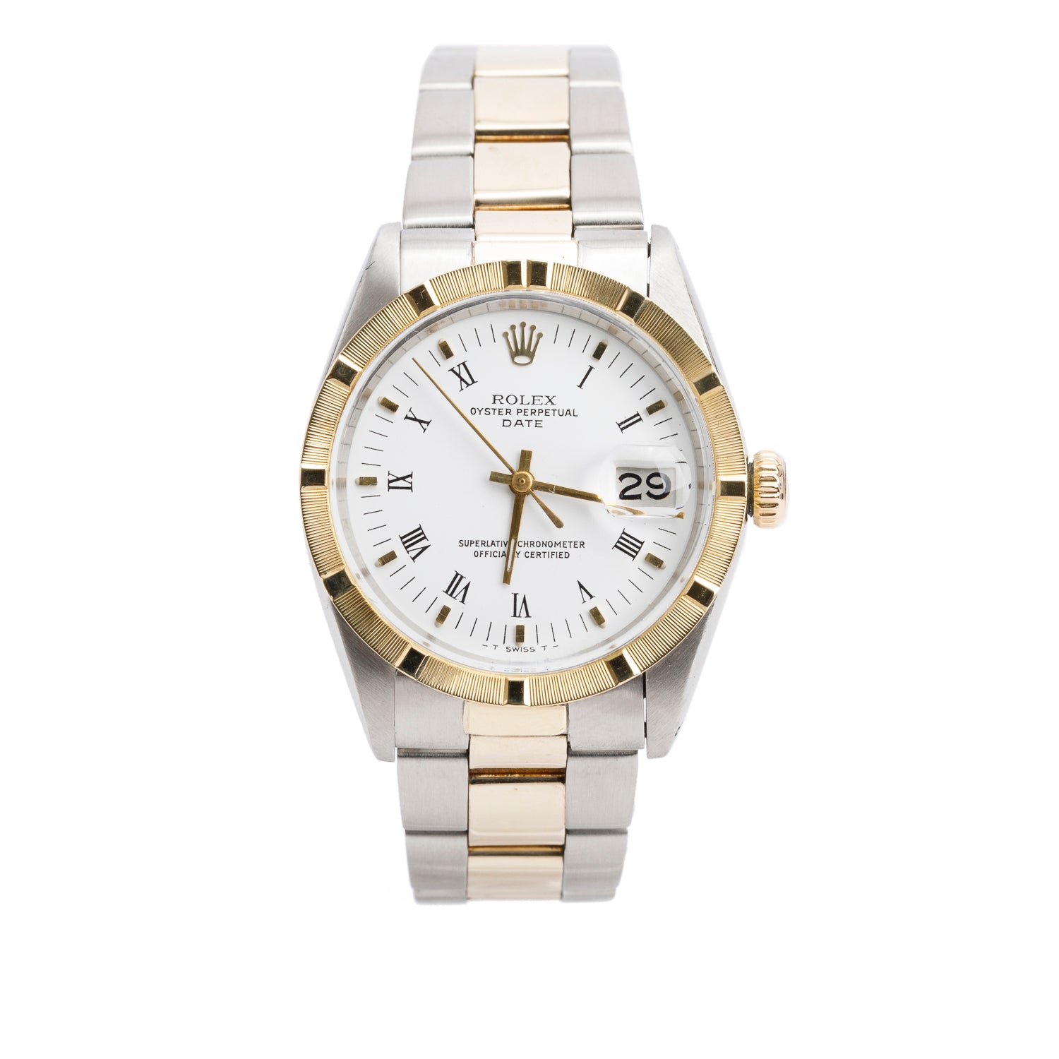 Rolex Vintage Stainless Steel & 18k Yellow Gold Oyster Perpetual Date 34 MM Watch White Roman Dial 1501