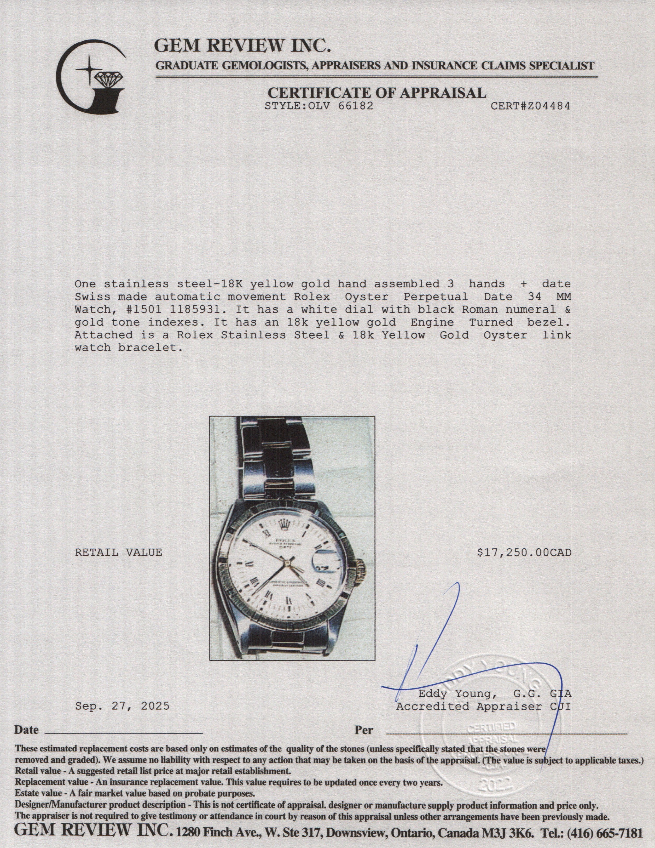 Rolex Vintage Stainless Steel & 18k Yellow Gold Oyster Perpetual Date 34 MM Watch White Roman Dial 1501