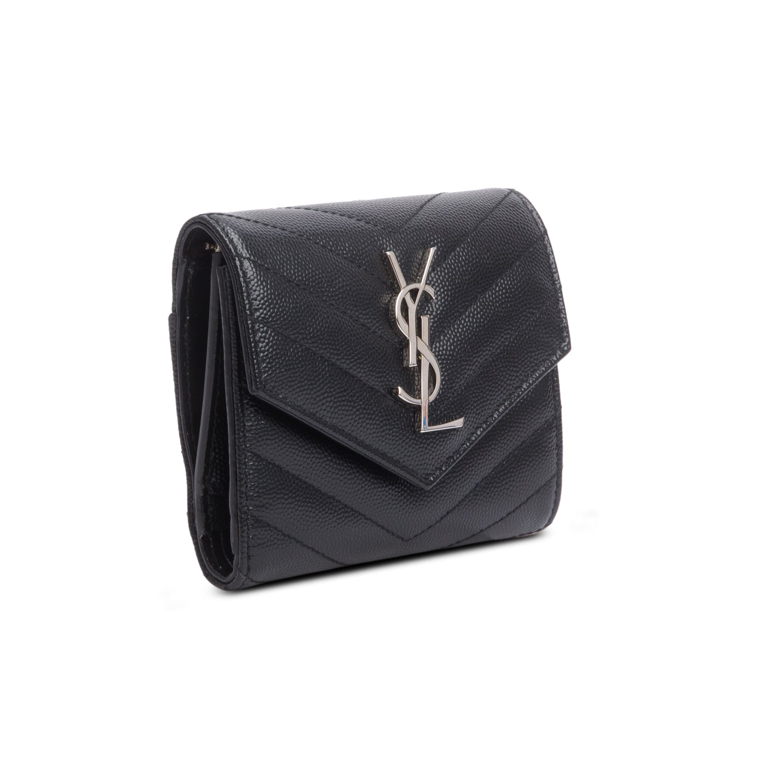 Saint Laurent 2022 Black Grain de Poudre Chevron Wallet w/ Box & Receipt