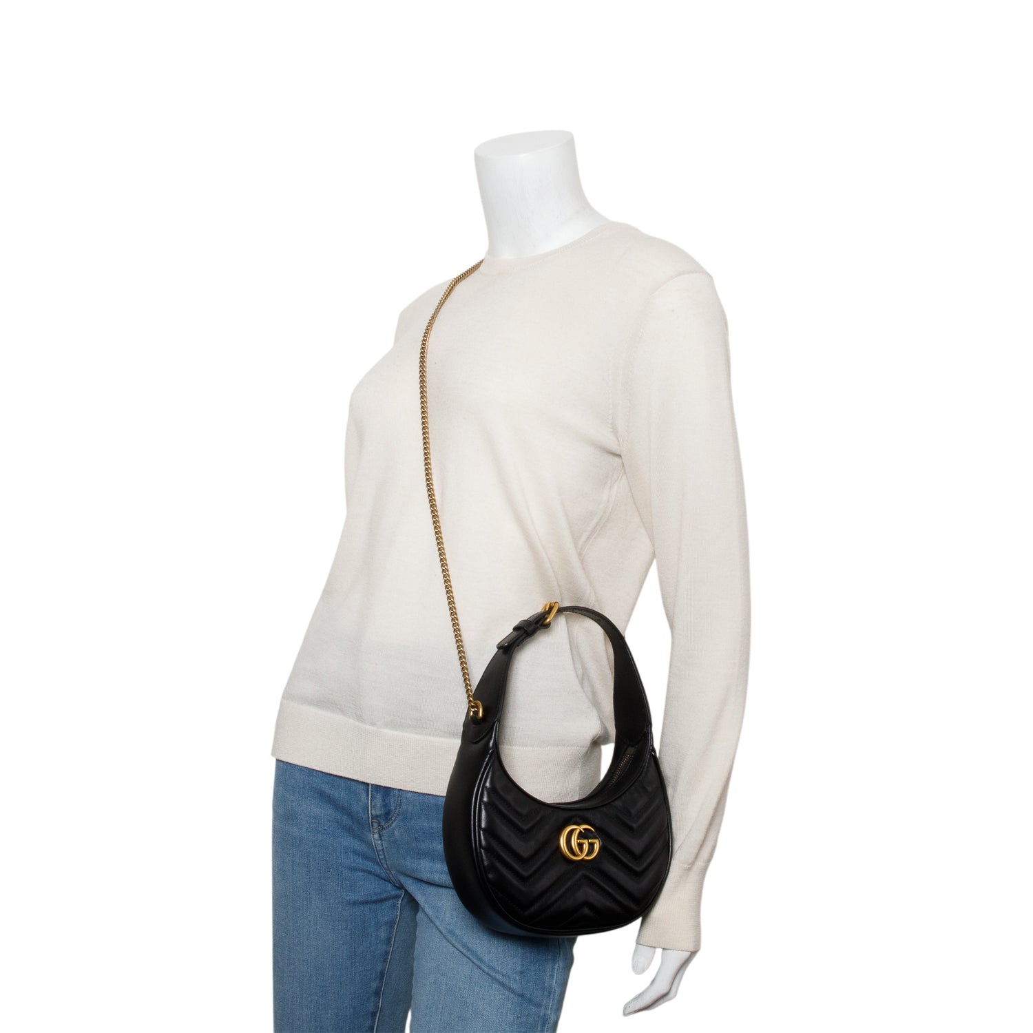 Gucci Black Calfskin Matelasse Chevron Mini GG Marmont Half Moon Hobo w/ Box & Strap