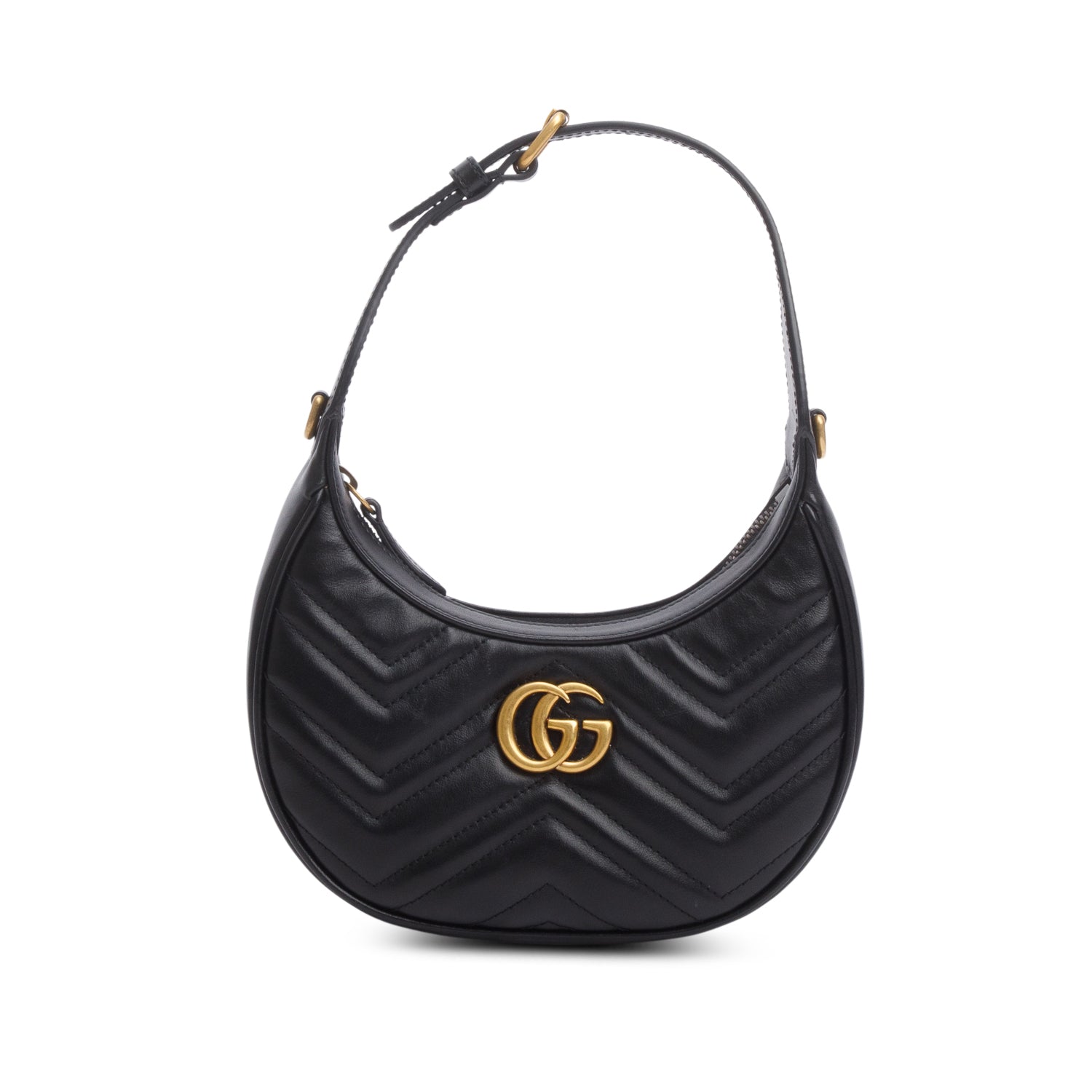 Gucci Black Calfskin Matelasse Chevron Mini GG Marmont Half Moon Hobo w/ Box & Strap