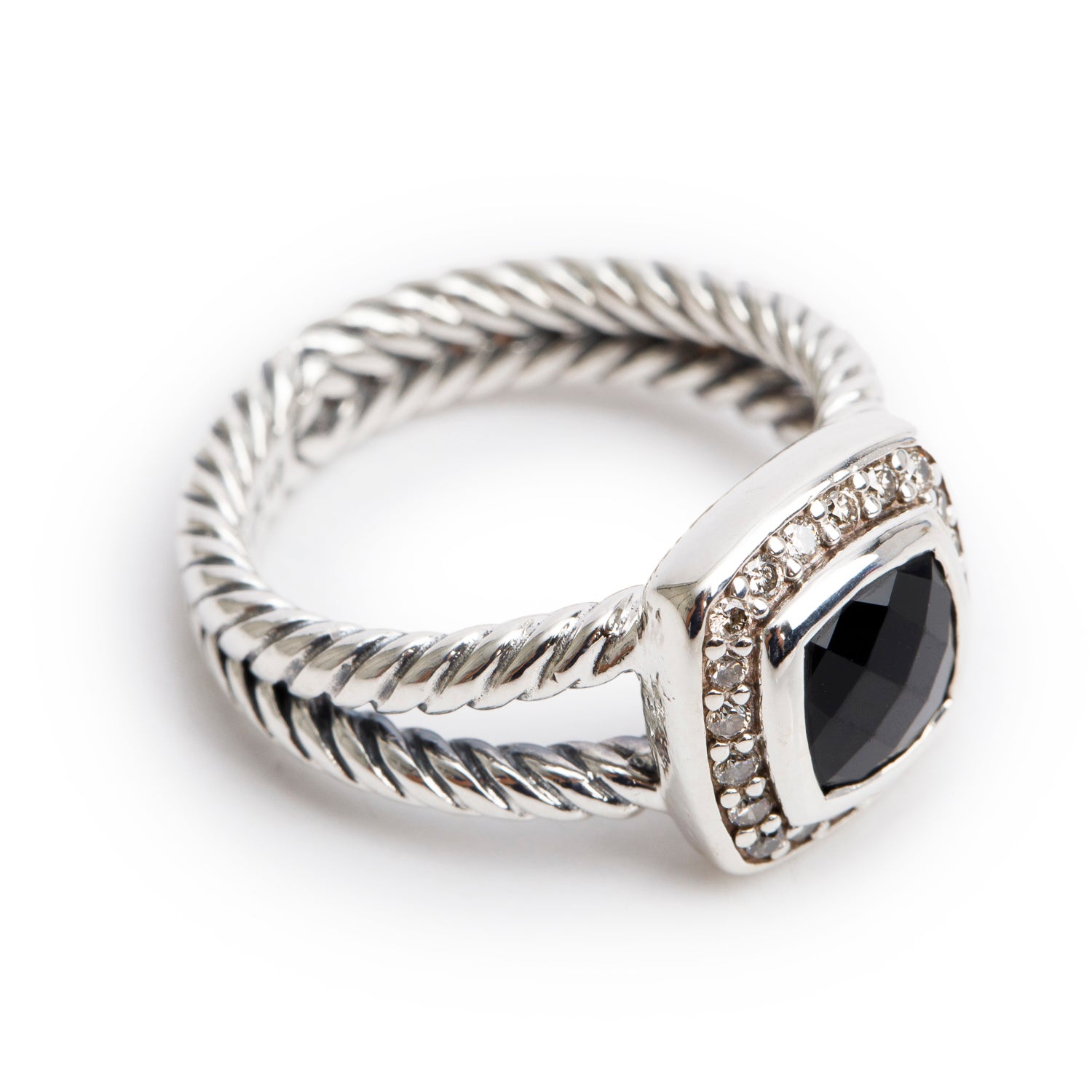 David Yurman Sterling Silver Petite Albion Ring with Black Onyx & Diamonds, Size 6