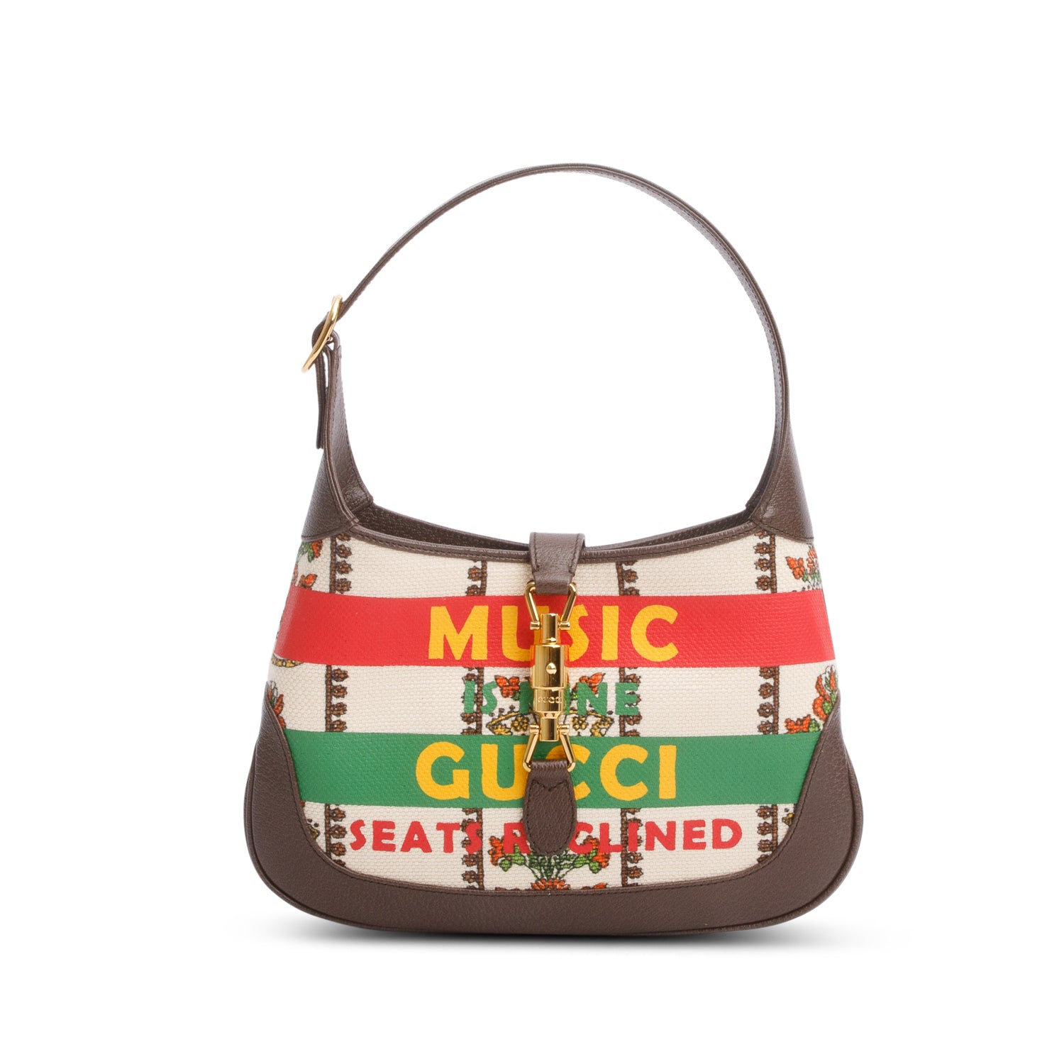 Gucci Neutral & Multicolor Music Is Mine Canvas Brown Leather Trim Small Jackie 1961 Shoulder Bag w/ Strap