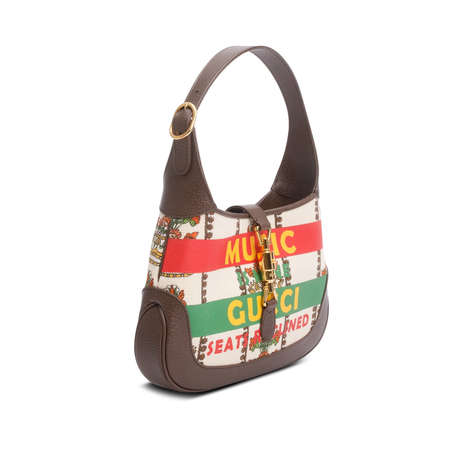 Gucci Neutral & Multicolor Music Is Mine Canvas Brown Leather Trim Small Jackie 1961 Shoulder Bag w/ Strap