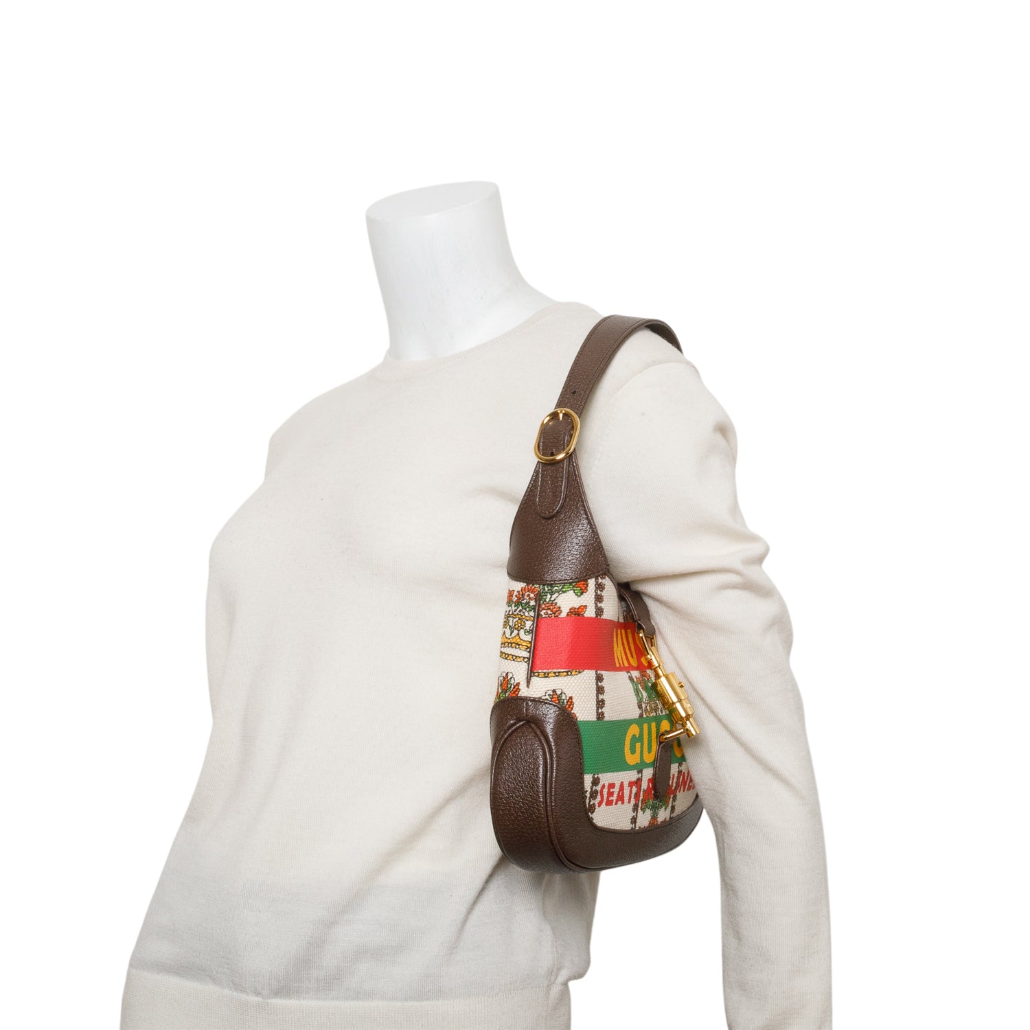 Gucci Neutral & Multicolor Music Is Mine Canvas Brown Leather Trim Small Jackie 1961 Shoulder Bag w/ Strap