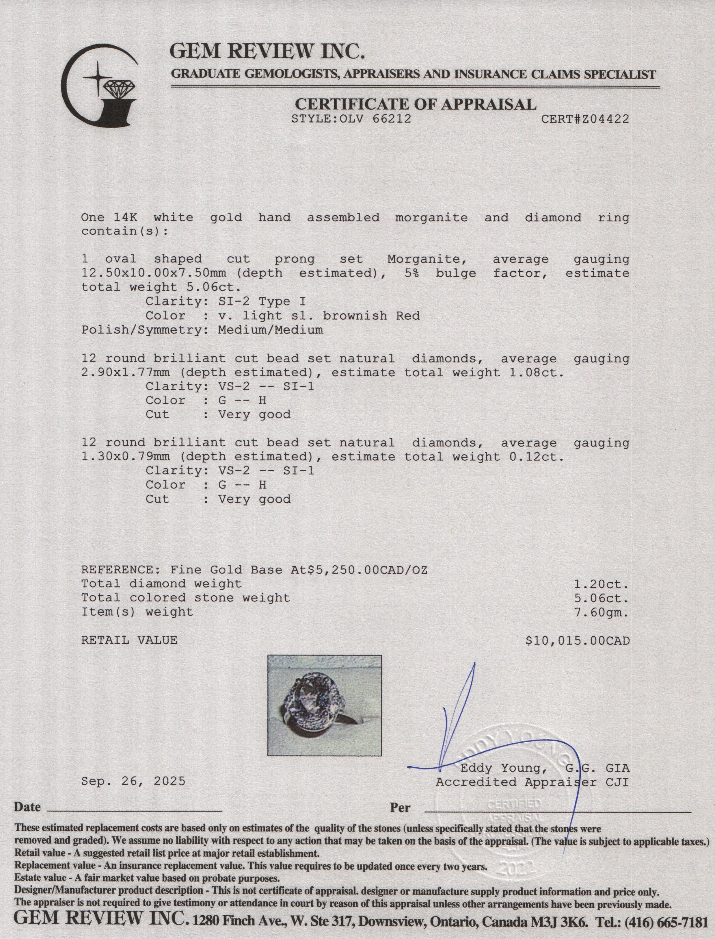 14k White Gold Morganite & Diamond Ring, Size 8