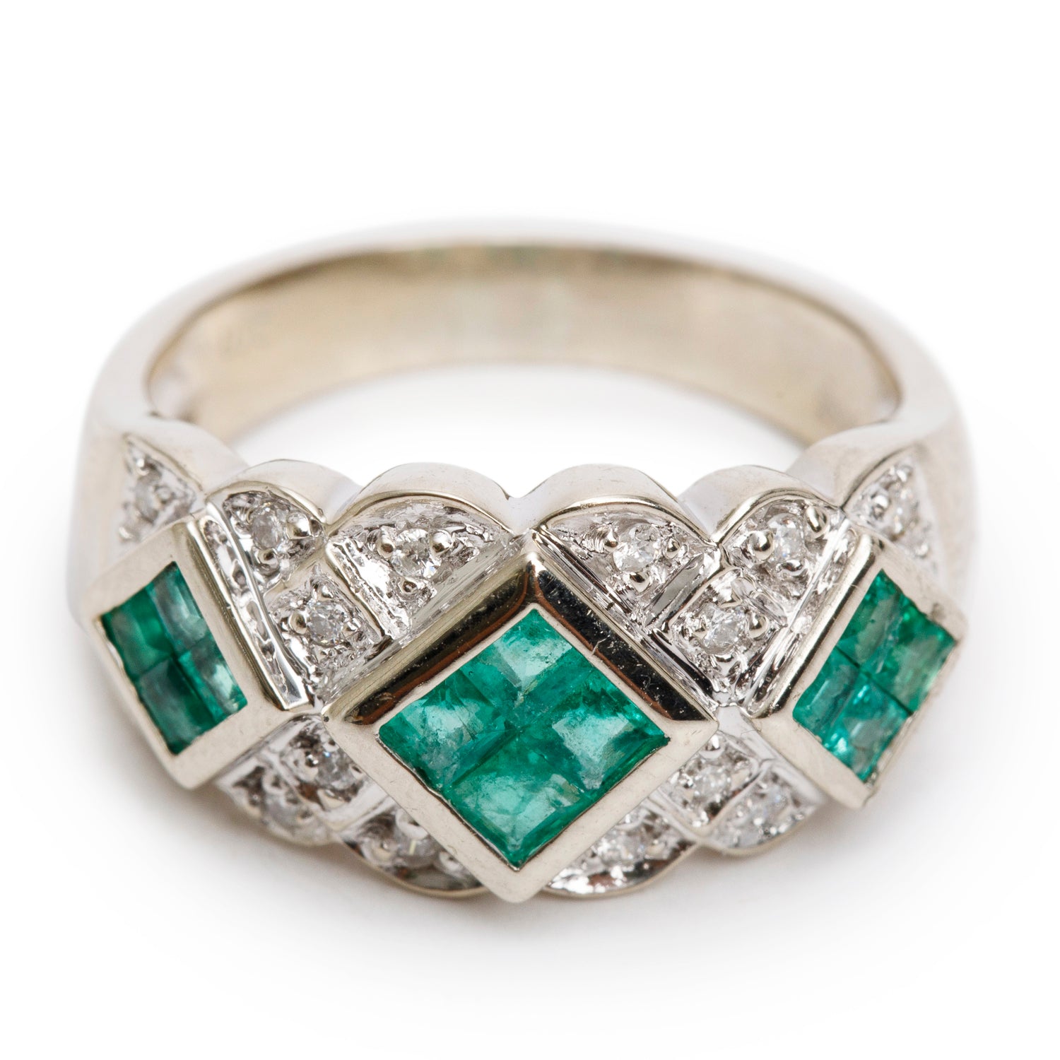 14k White Gold Emerald & Diamond Ring, Size 7.25